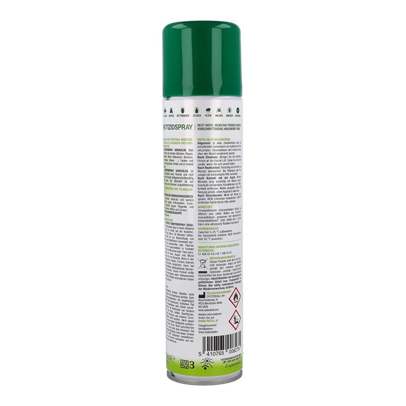 Rückseite der Pistal Insektenspray Dose. Text und Piktogramme. Enthält Informationen zu Inhaltsstoffen und Warnhinweisen.
