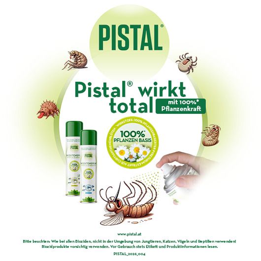 Werbung für Pistal. Zwei Sprühdosen, eine Hand sprüht. Text: Pistal wirkt total, 100% Pflanzenkraft, 100% Pflanzenbasis.