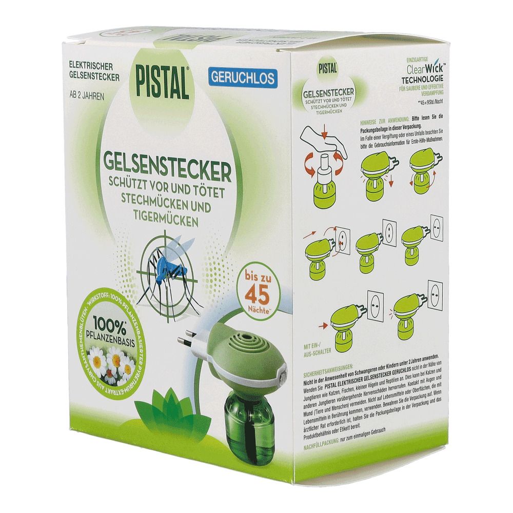 Pistal Gelsenstecker-Box. Produkt und Anwendungshinweise. Schützt vor Mücken. 100% pflanzliche Basis. Geruchlos.