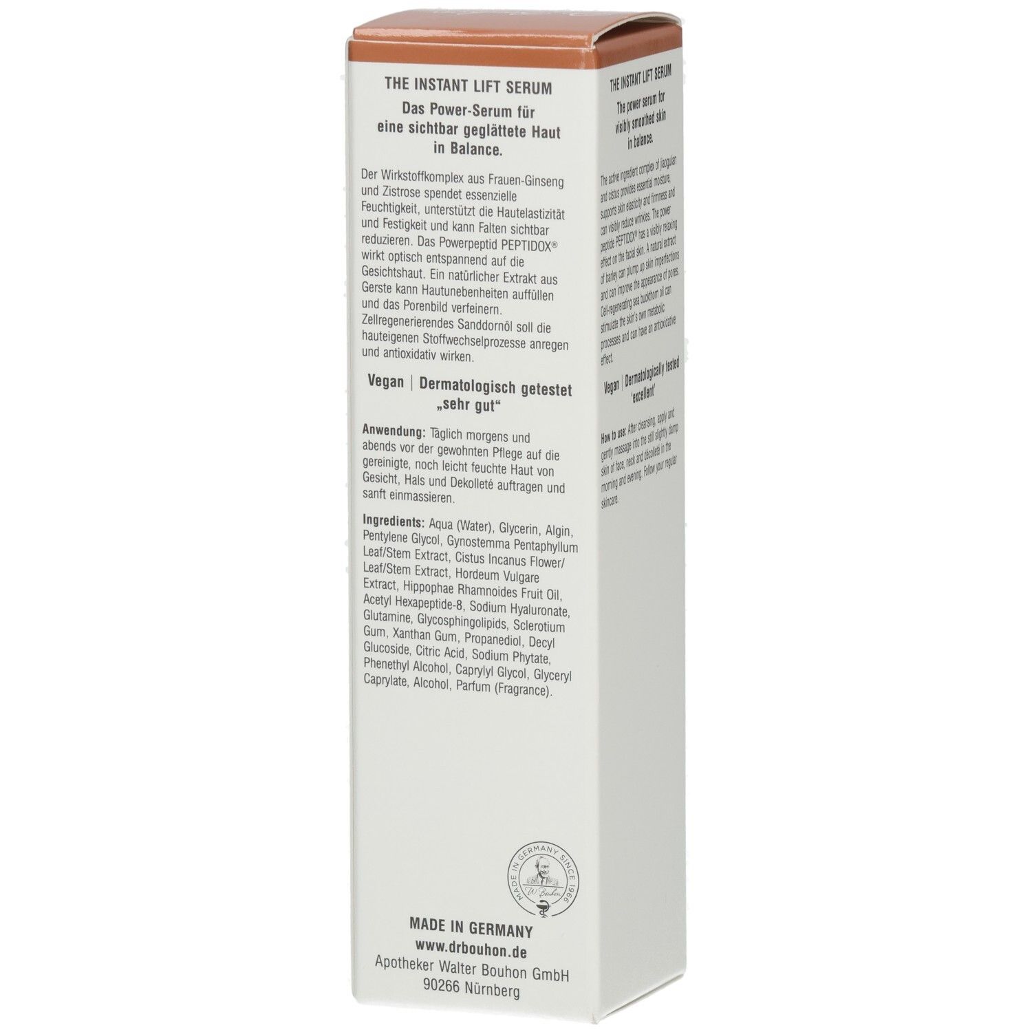 Rückseite der Serumverpackung. Text über Inhaltsstoffe und Anwendung. Vegan-Siegel. Hergestellt in Deutschland.