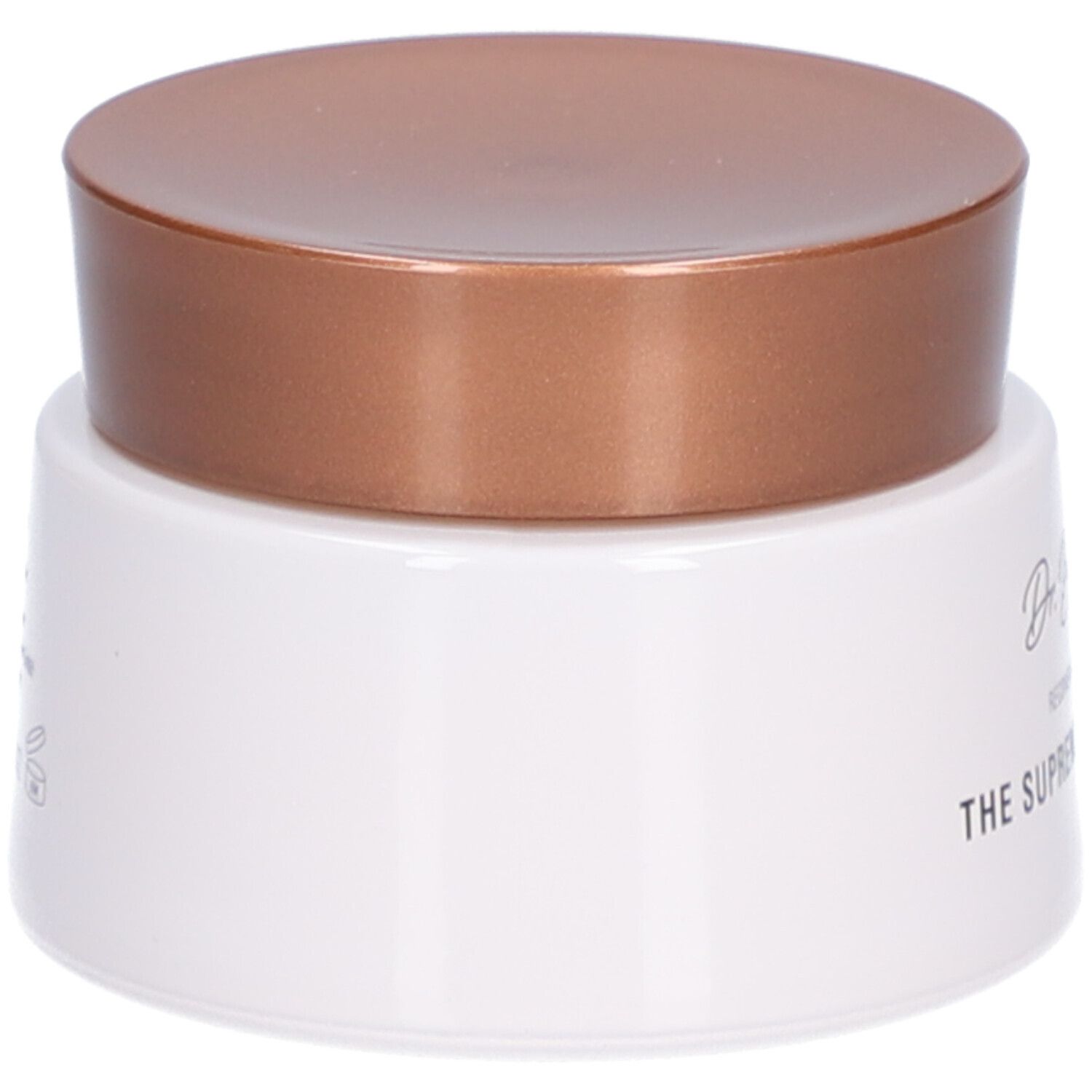 Weißer Creme-Tiegel mit braunem Deckel. Aufschrift: Dr. Bouhon, THE SUPREME LIFT CREAM. Blick von oben.