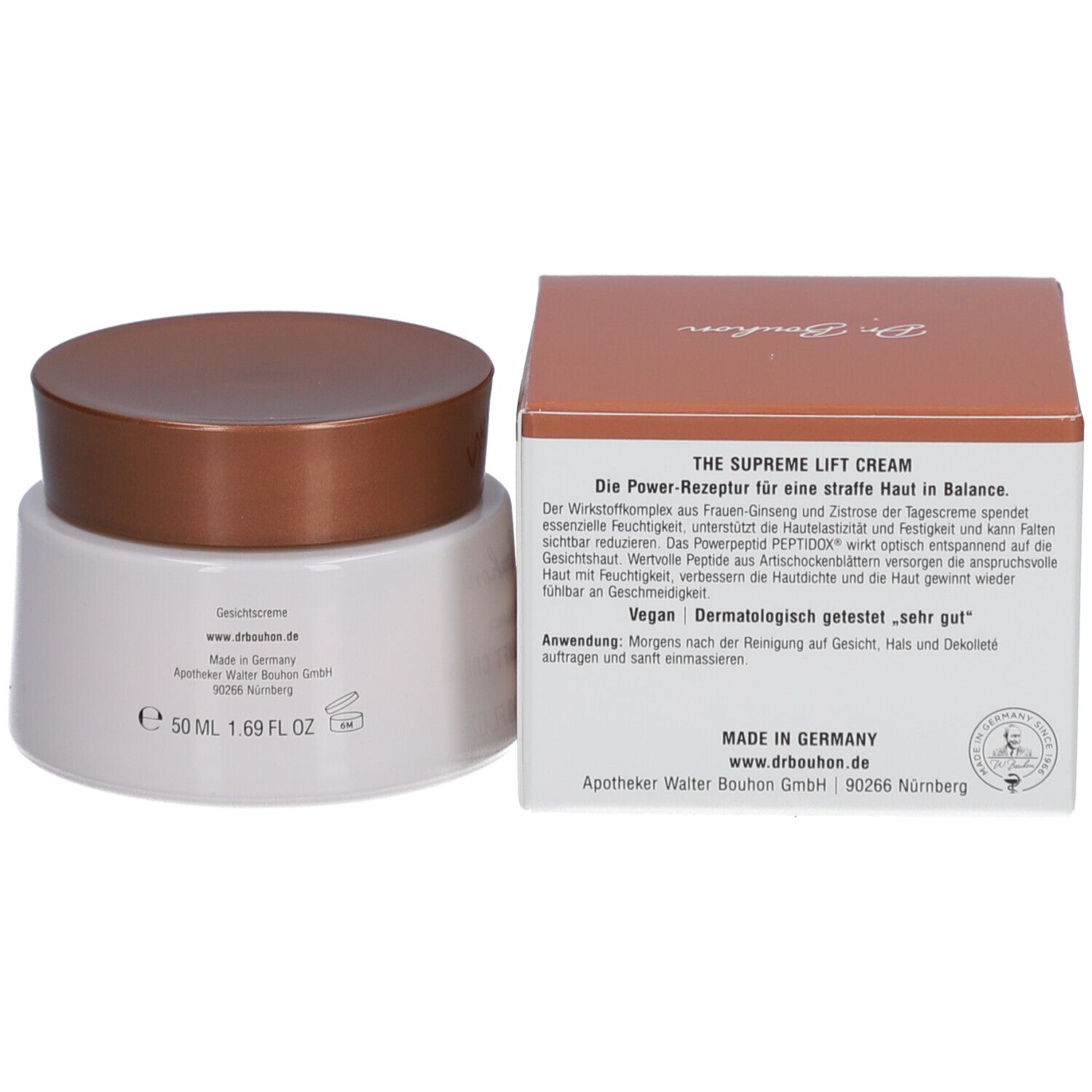 Creme-Tiegel und Karton. Tiegel weiß, Deckel braun. Karton braun-weiß. Aufschrift: Dr. Bouhon, THE SUPREME LIFT CREAM.