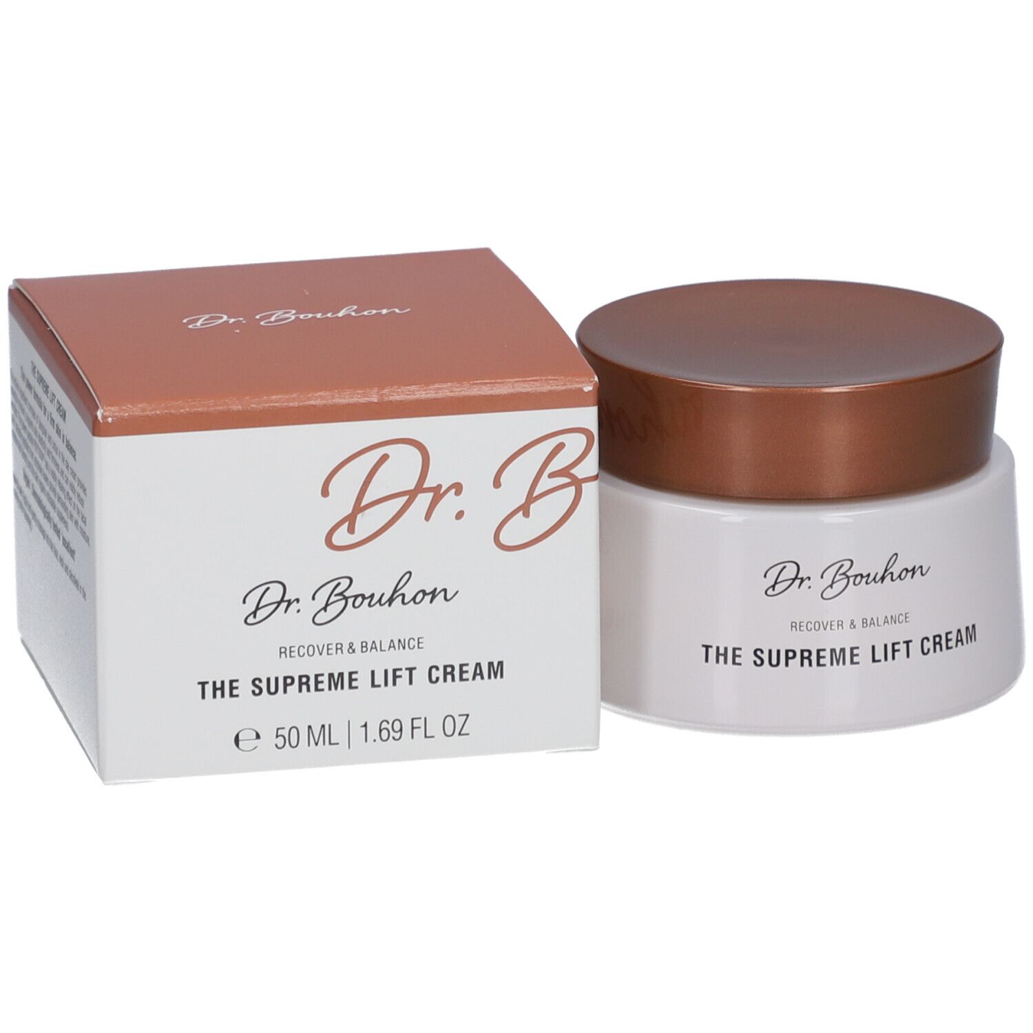 Creme-Tiegel und Karton. Tiegel weiß, Deckel braun. Karton braun-weiß. Aufschrift: Dr. Bouhon, THE SUPREME LIFT CREAM.