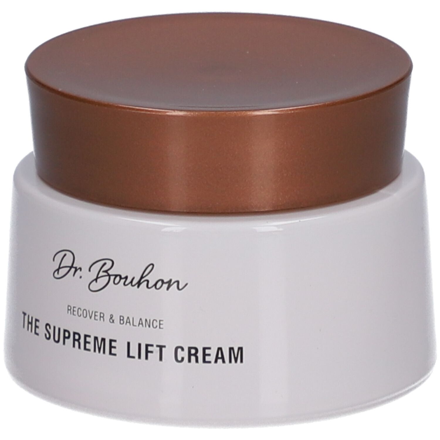 Weißer Creme-Tiegel mit braunem Deckel. Aufschrift: Dr. Bouhon, THE SUPREME LIFT CREAM.