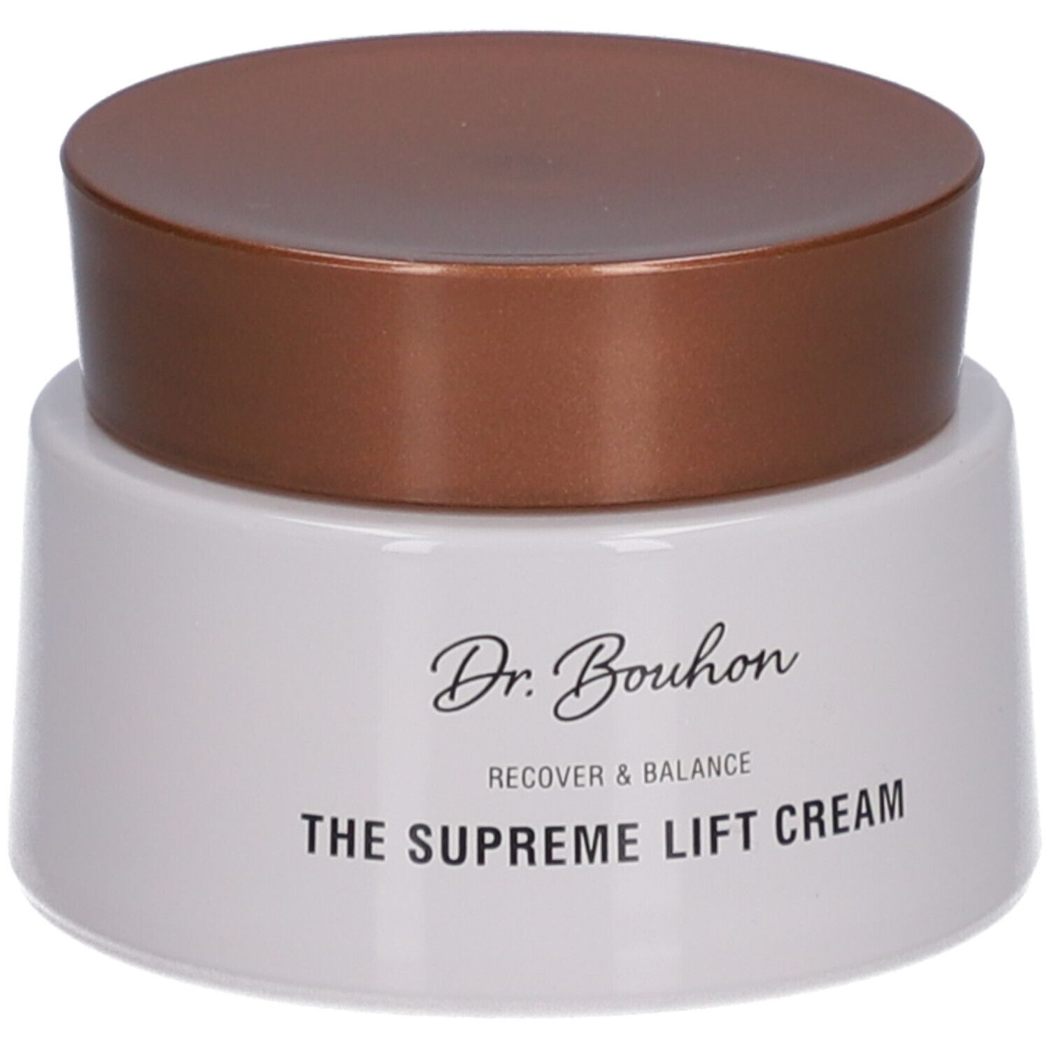 Weißer Creme-Tiegel mit braunem Deckel. Aufschrift: Dr. Bouhon, THE SUPREME LIFT CREAM.