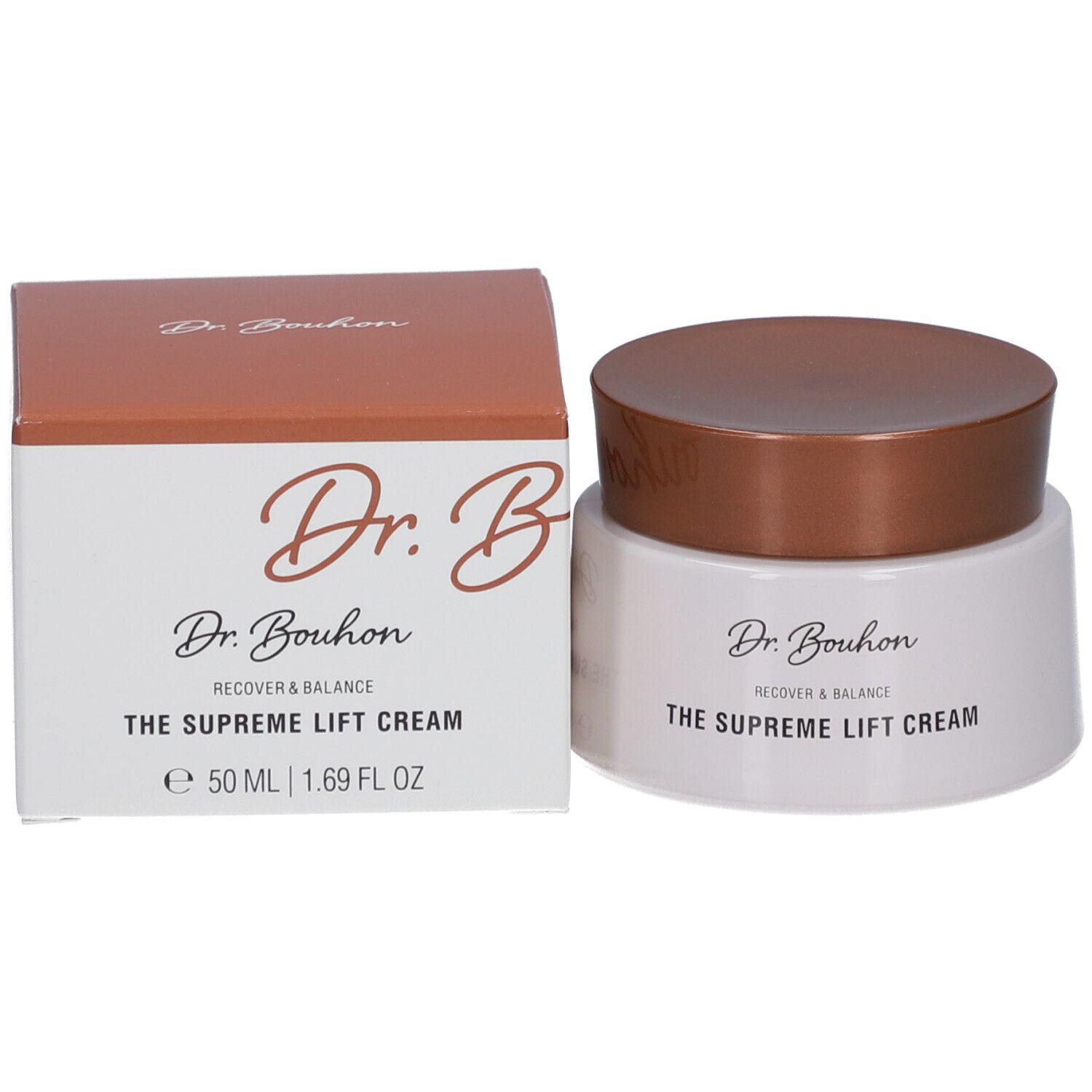 Creme-Tiegel und Karton. Tiegel weiß, Deckel braun. Karton braun-weiß. Aufschrift: Dr. Bouhon, THE SUPREME LIFT CREAM.