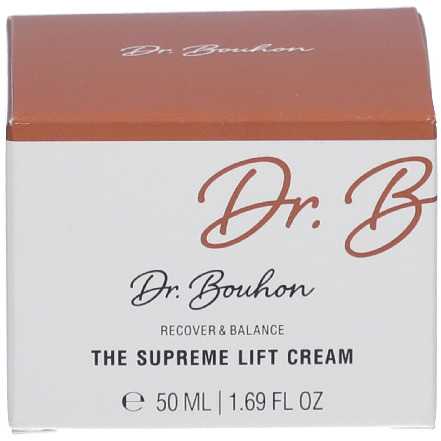 Braune und weiße Produktverpackung. Aufschrift: Dr. Bouhon, THE SUPREME LIFT CREAM, 50 ml.
