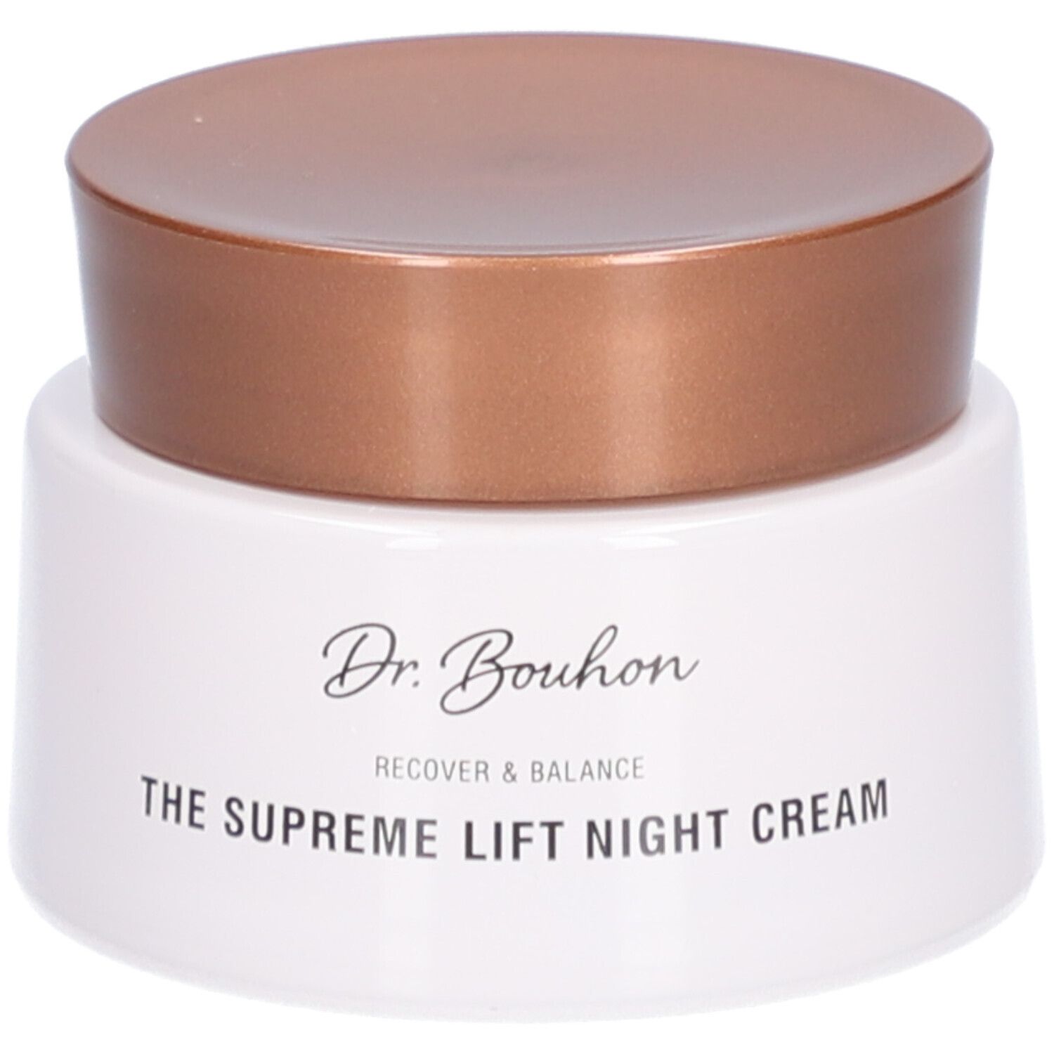 Creme-Tiegel mit braunem Deckel. Aufschrift: Dr. Bouhon, THE SUPREME LIFT NIGHT CREAM.