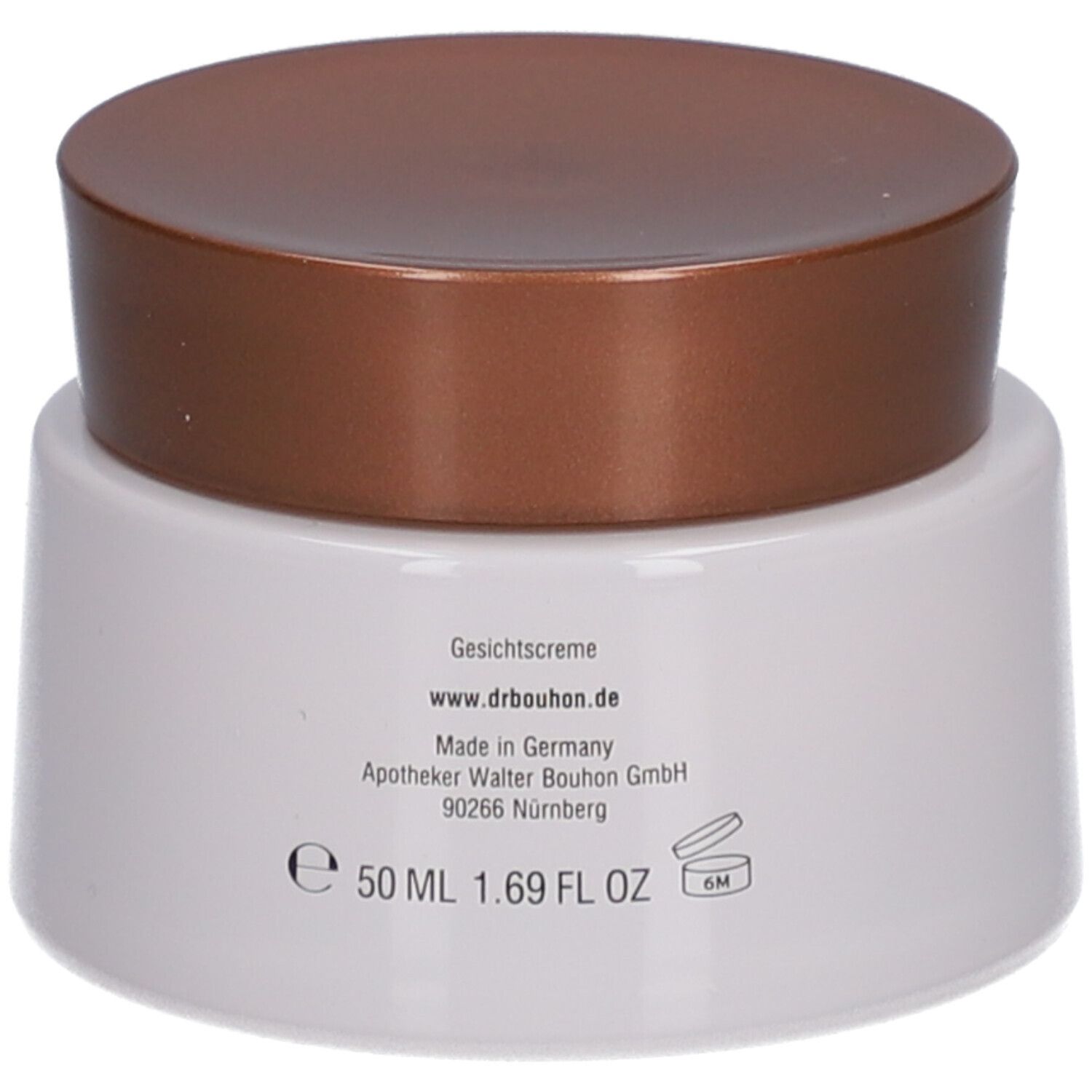 Creme-Tiegel mit braunem Deckel. Aufschrift: Gesichtscreme, drbouhon.de, 50 ml, 1.69 FL OZ.