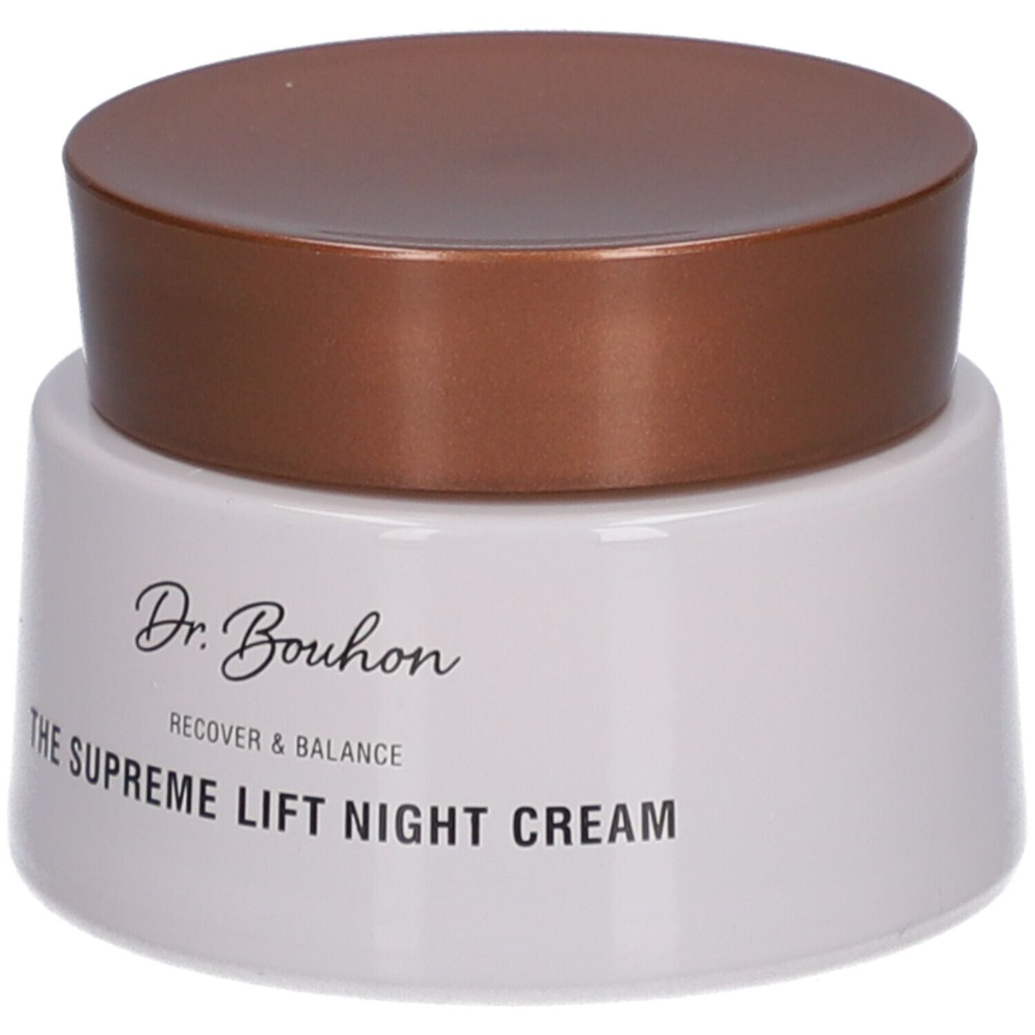 Creme-Tiegel mit braunem Deckel. Aufschrift: Dr. Bouhon, THE SUPREME LIFT NIGHT CREAM.