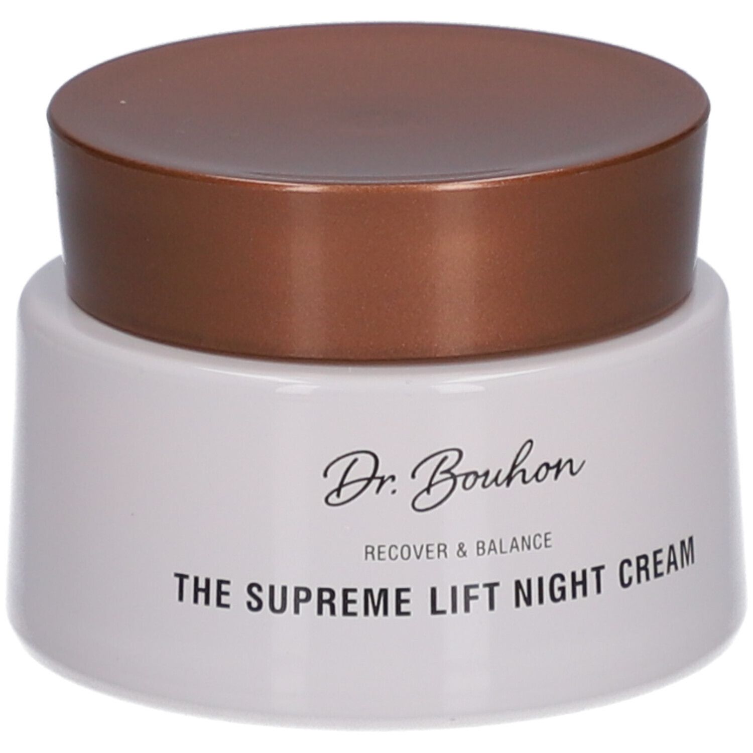 Creme-Tiegel mit braunem Deckel. Aufschrift: Dr. Bouhon, THE SUPREME LIFT NIGHT CREAM.