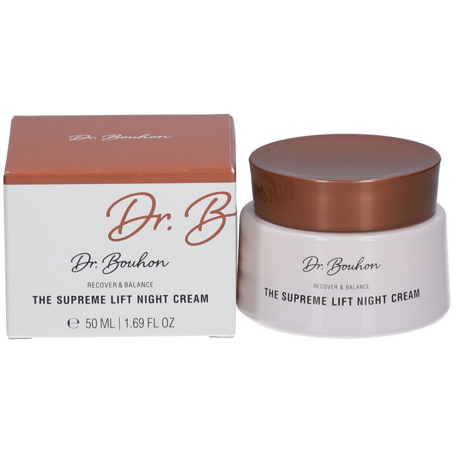 Creme-Tiegel und Schachtel. Aufschrift: Dr. Bouhon, THE SUPREME LIFT NIGHT CREAM, 50 ml.