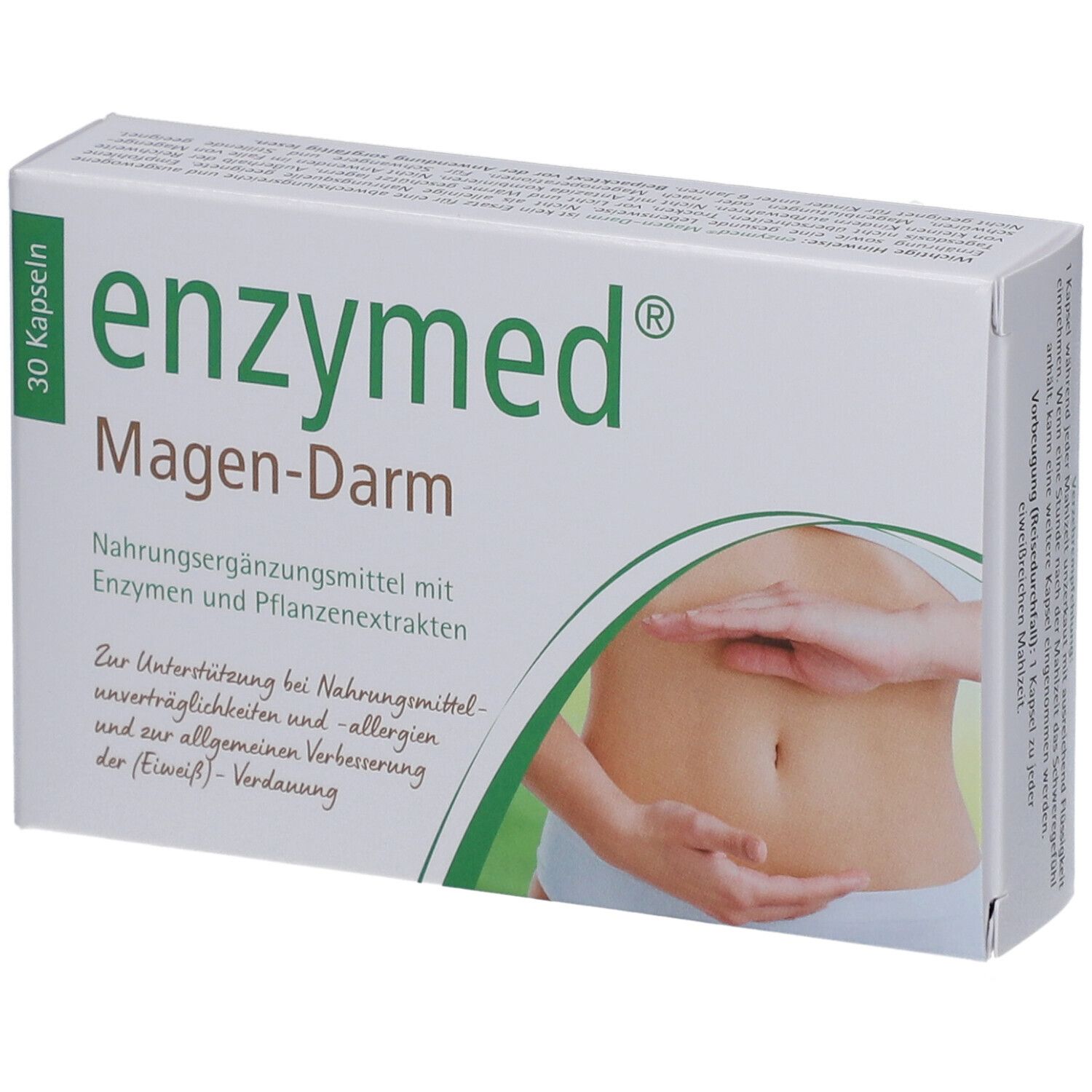 Schachtel mit "enzymed Magen-Darm". 30 Kapseln. Abbildung eines Bauches.