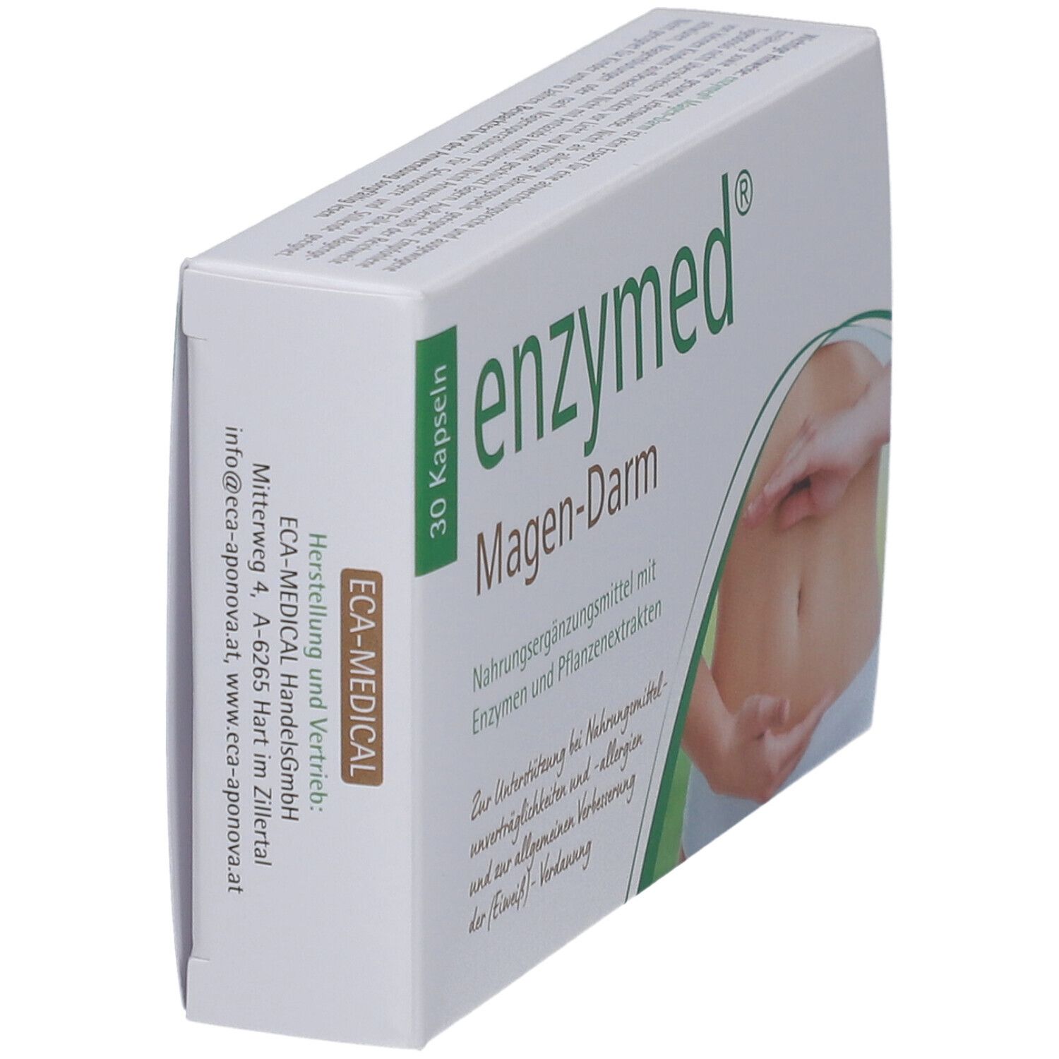 Schachtel "enzymed Magen-Darm". 30 Kapseln. Seitenansicht.