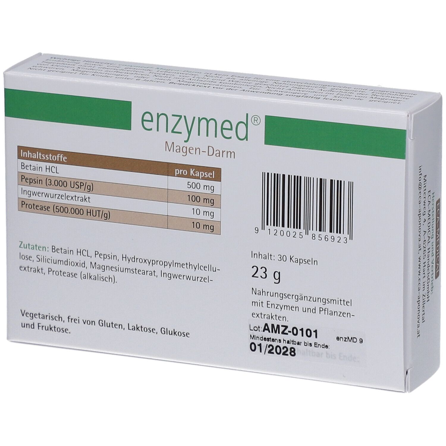 Schachtel "enzymed Magen-Darm". Inhaltsstoffe und Nährwertangaben.