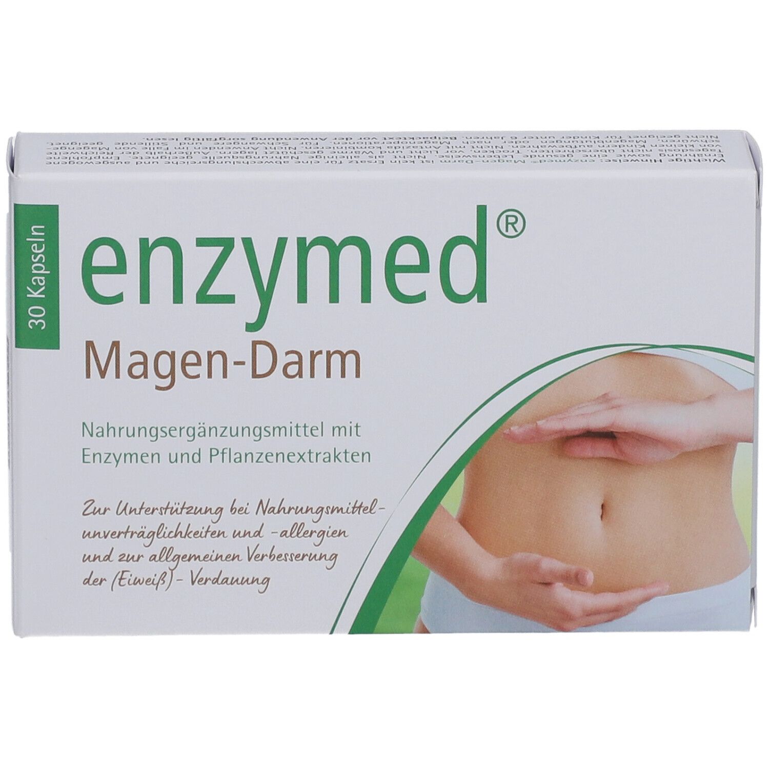 Schachtel "enzymed Magen-Darm". 30 Kapseln. Abbildung eines Bauches.