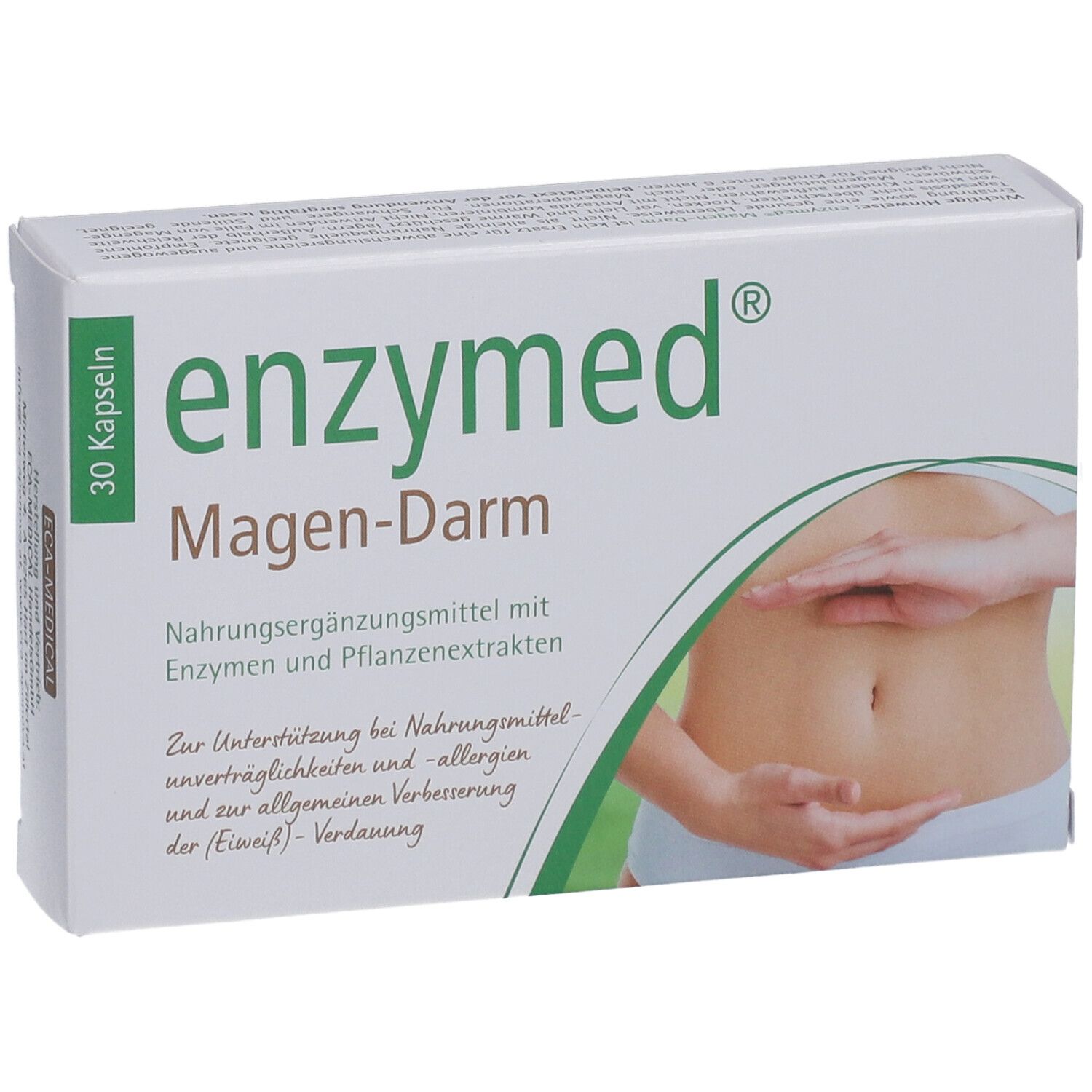 Schachtel "enzymed Magen-Darm". 30 Kapseln. Abbildung eines Bauches.