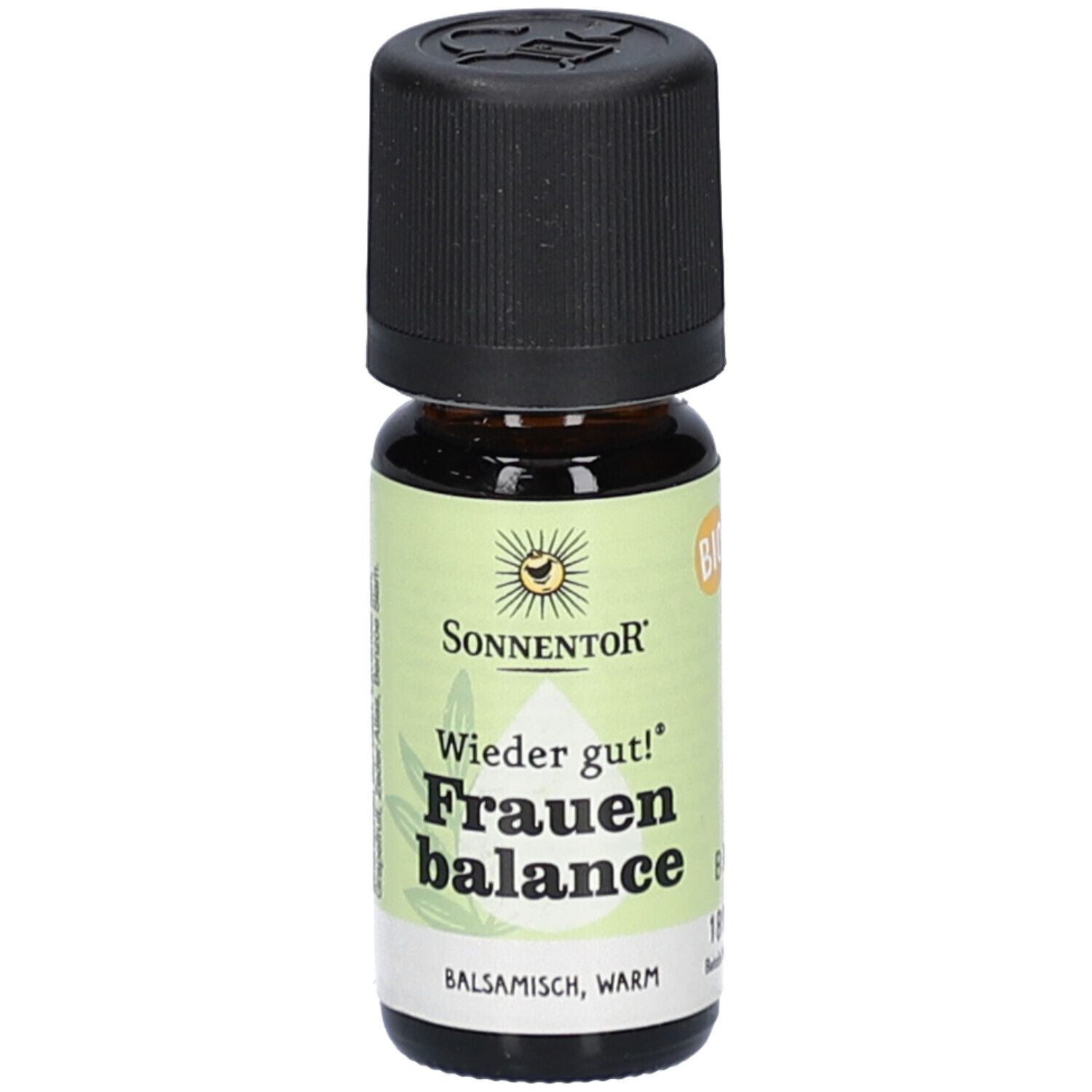 Braune Glasflasche mit schwarzem Deckel. Aufschrift: SONNENTOR, Frauen balance. Grün-weißes Etikett. Balsamisch, warm.