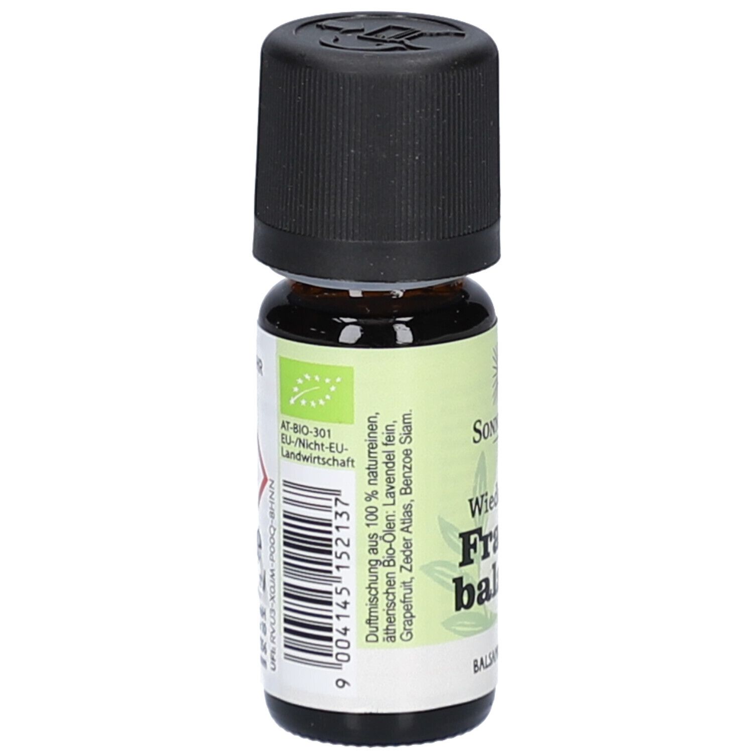 Braune Glasflasche mit schwarzem Deckel. Grünes Etikett mit Text und Barcode. Aufschrift: AT-BIO-301. EU-Nicht-EU-Landwirtschaft.