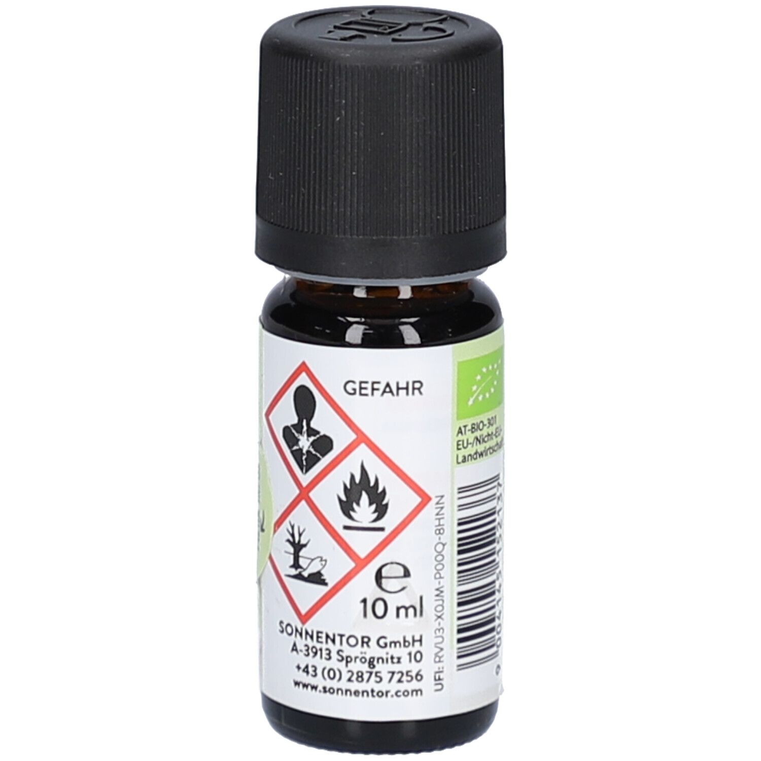 Braune Glasflasche mit schwarzem Deckel. Aufkleber mit Gefahrensymbolen und Text. Aufschrift: GEFAHR, 10 ml, SONNENTOR.