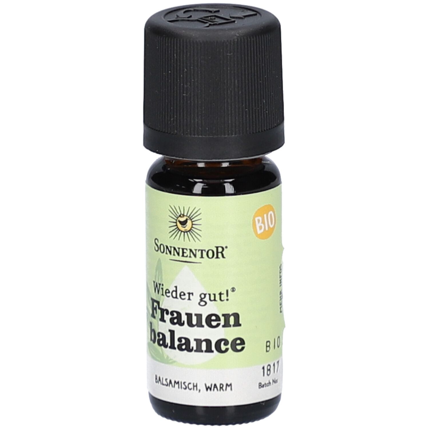 Braune Glasflasche mit schwarzem Deckel. Aufschrift: SONNENTOR, Frauen balance. Grün-weißes Etikett. BIO-Siegel.