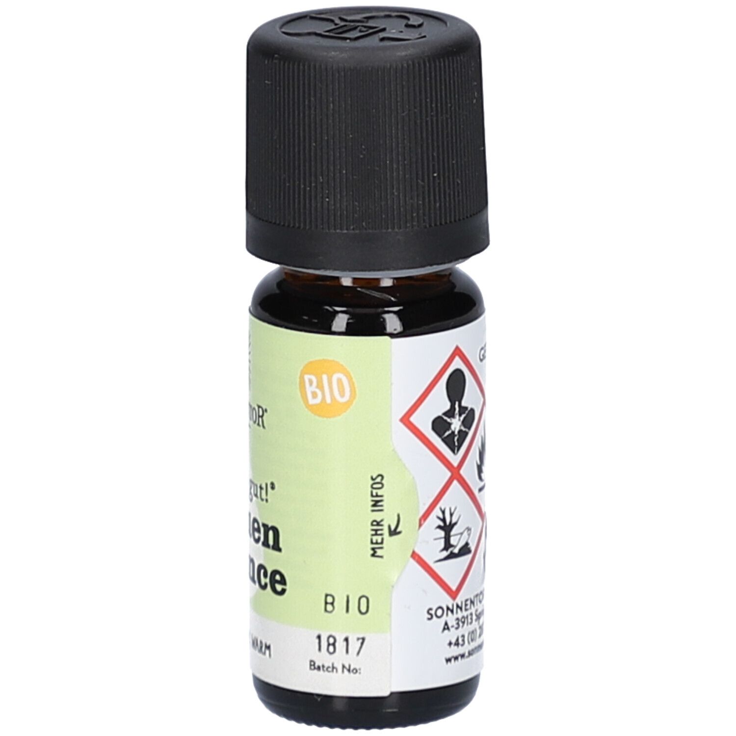 Braune Glasflasche mit schwarzem Deckel. Aufschrift: SONNENTOR, Frauen balance. BIO-Siegel. Gefahrensymbole.