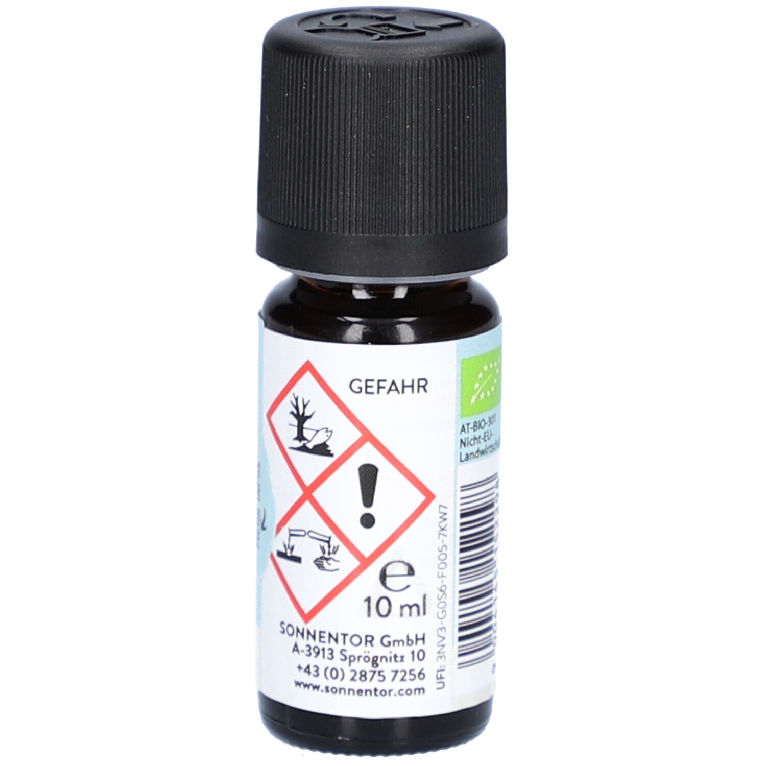Braune Glasflasche mit schwarzem Deckel. Etikett mit Gefahrensymbolen und Text: 10 ml. Herstelleradresse.