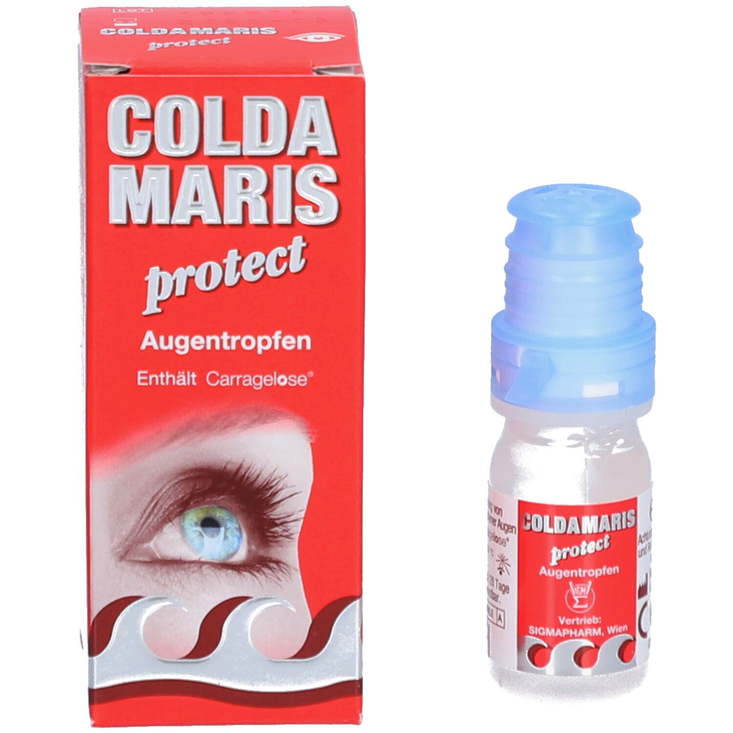 Kleine Flasche und Schachtel. Schachtel rot mit weißer Schrift: Coldamaris protect Augentropfen. Enthält Carragelos. Auge abgebildet.