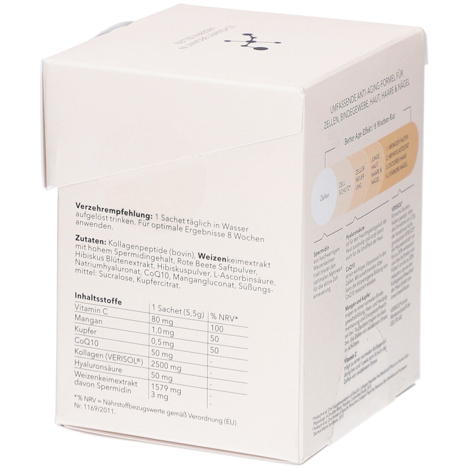 Weißer Karton mit Produktaufdruck. Seite mit Inhaltsstoffen. Enthält Kollagenpeptide, Vitamin C, CoQ10, Hyaluronsäure.