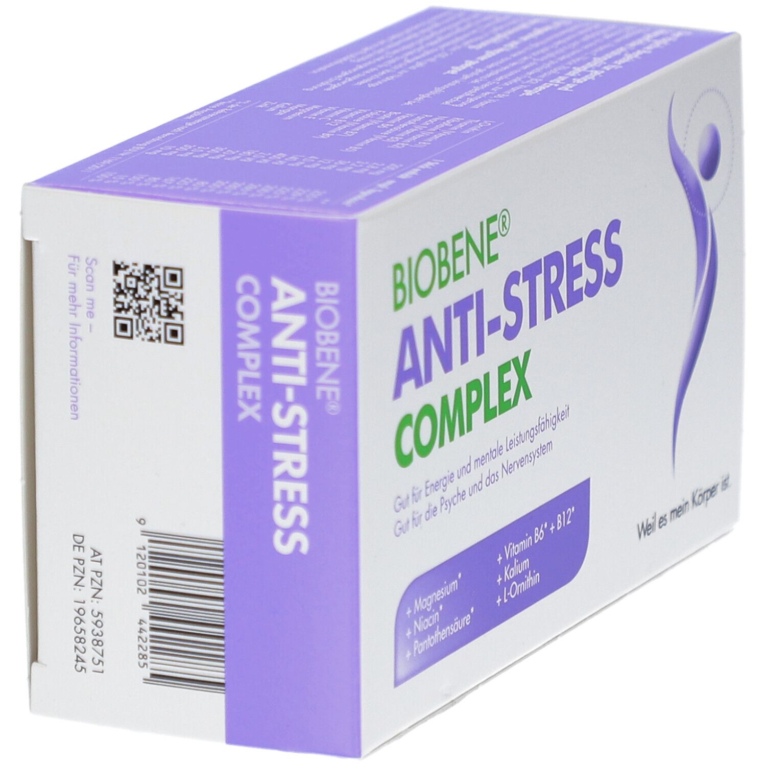 BIOBENE ANTI-STRESS COMPLEX Packung. Lila-weiß. QR-Code und Text auf der Seite. Enthält 15 Sticks. Inhaltsstoffe auf der Seite.
