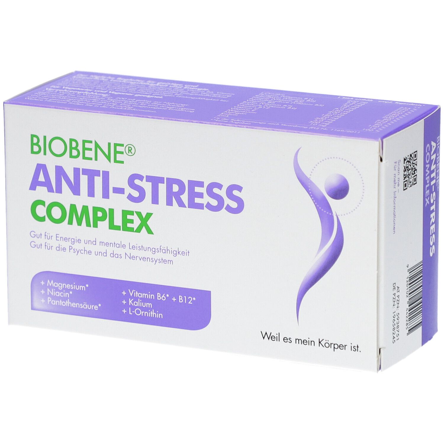 BIOBENE Anti-Stress Complex-Verpackung. Weiß-lila Karton mit Produktnamen und Inhaltsstoffen. 15 Sticks.