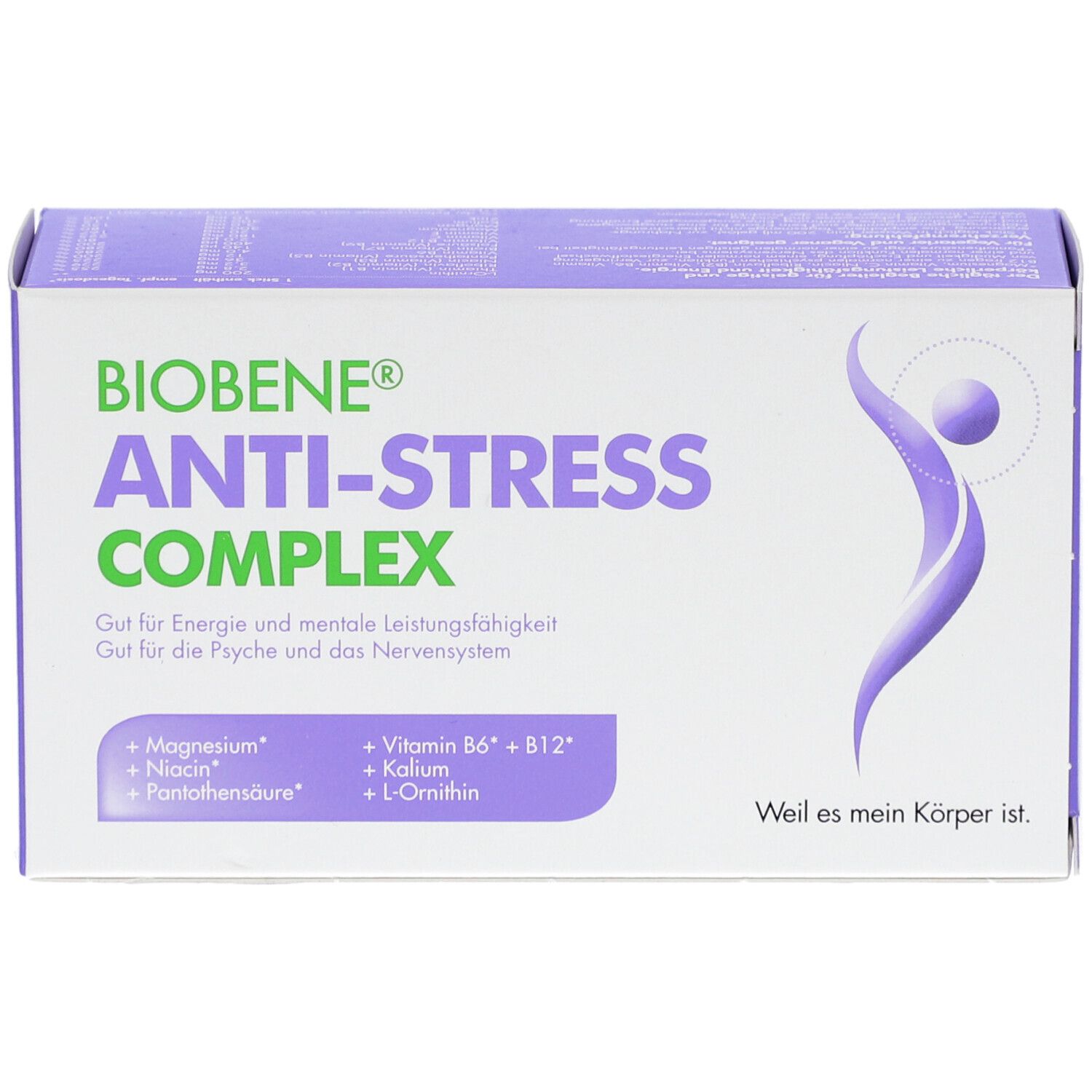 BIOBENE ANTI-STRESS COMPLEX Packung. Lila-weiß. Enthält Inhaltsstoffe: Magnesium, Niacin, Pantothensäure, Vitamin B6 + B12, Kalium, L-Ornithin. Text: Weil es mein Körper ist.