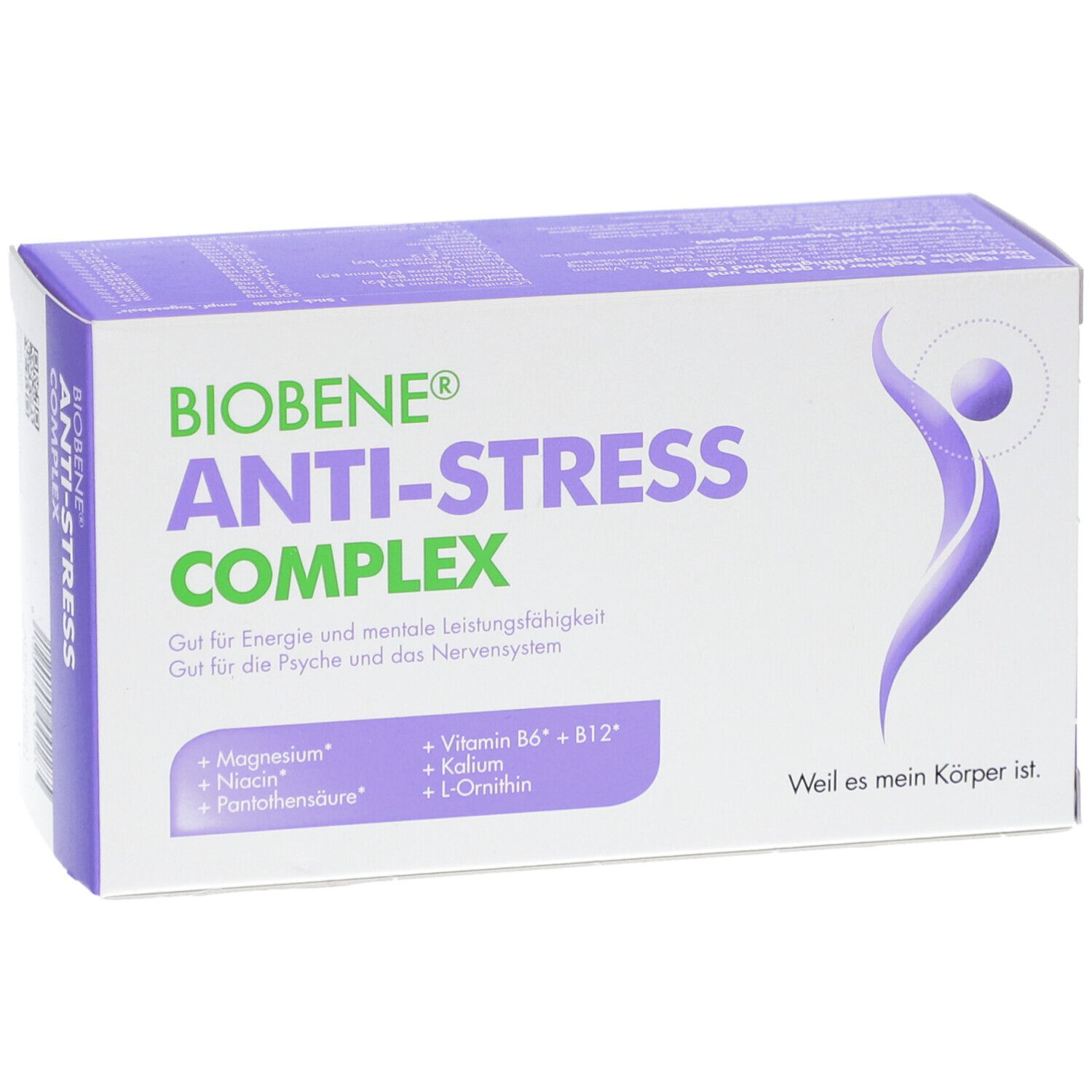 BIOBENE ANTI-STRESS COMPLEX Packung. Lila-weiß. Enthält Inhaltsstoffe: Magnesium, Niacin, Pantothensäure, Vitamin B6 + B12, Kalium, L-Ornithin. Text: Weil es mein Körper ist.