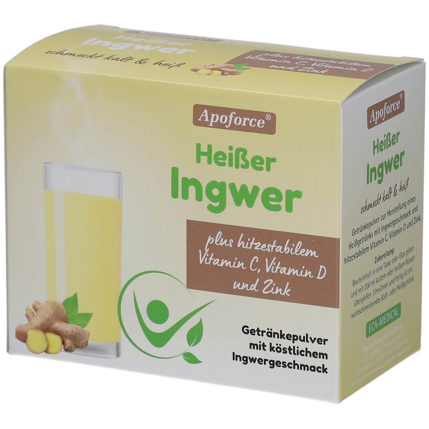 Karton mit Apoforce Heißer Ingwer. Aufdruck: Ingwer-Getränkepulver mit Vitaminen. Abbildung: Glas mit Getränk, Ingwerwurzeln.