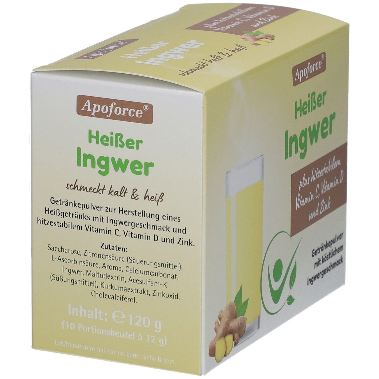 Karton Apoforce Heißer Ingwer. Aufdruck: Ingwer-Getränkepulver mit Vitaminen. Zutatenliste. Inhalt: 120g (10 Portionen).