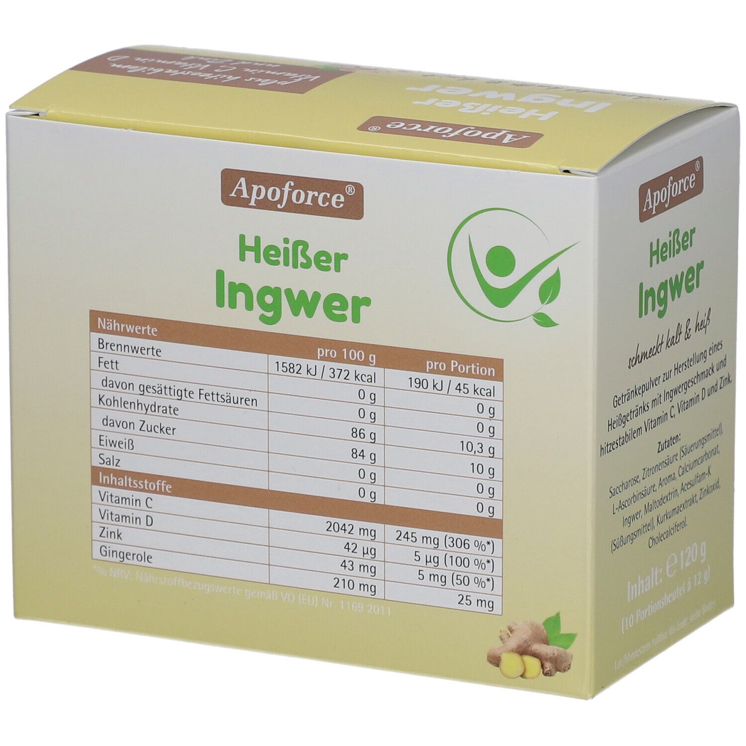 Karton Apoforce Heißer Ingwer. Aufdruck: Nährwerttabelle. Angaben pro 100g und pro Portion. Enthält Vitamin C, D, Zink und Ingwer.