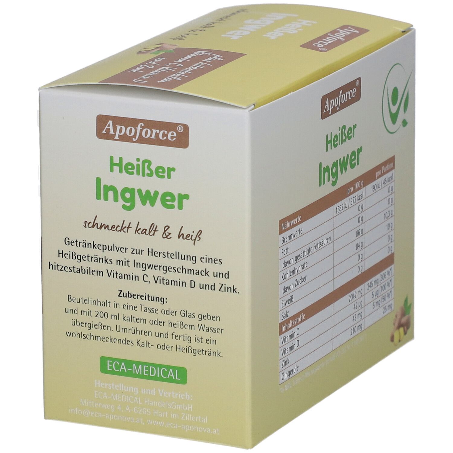 Karton Apoforce Heißer Ingwer. Aufdruck: Ingwer-Getränkepulver mit Vitaminen. Zubereitungshinweis. ECA-MEDICAL Logo.