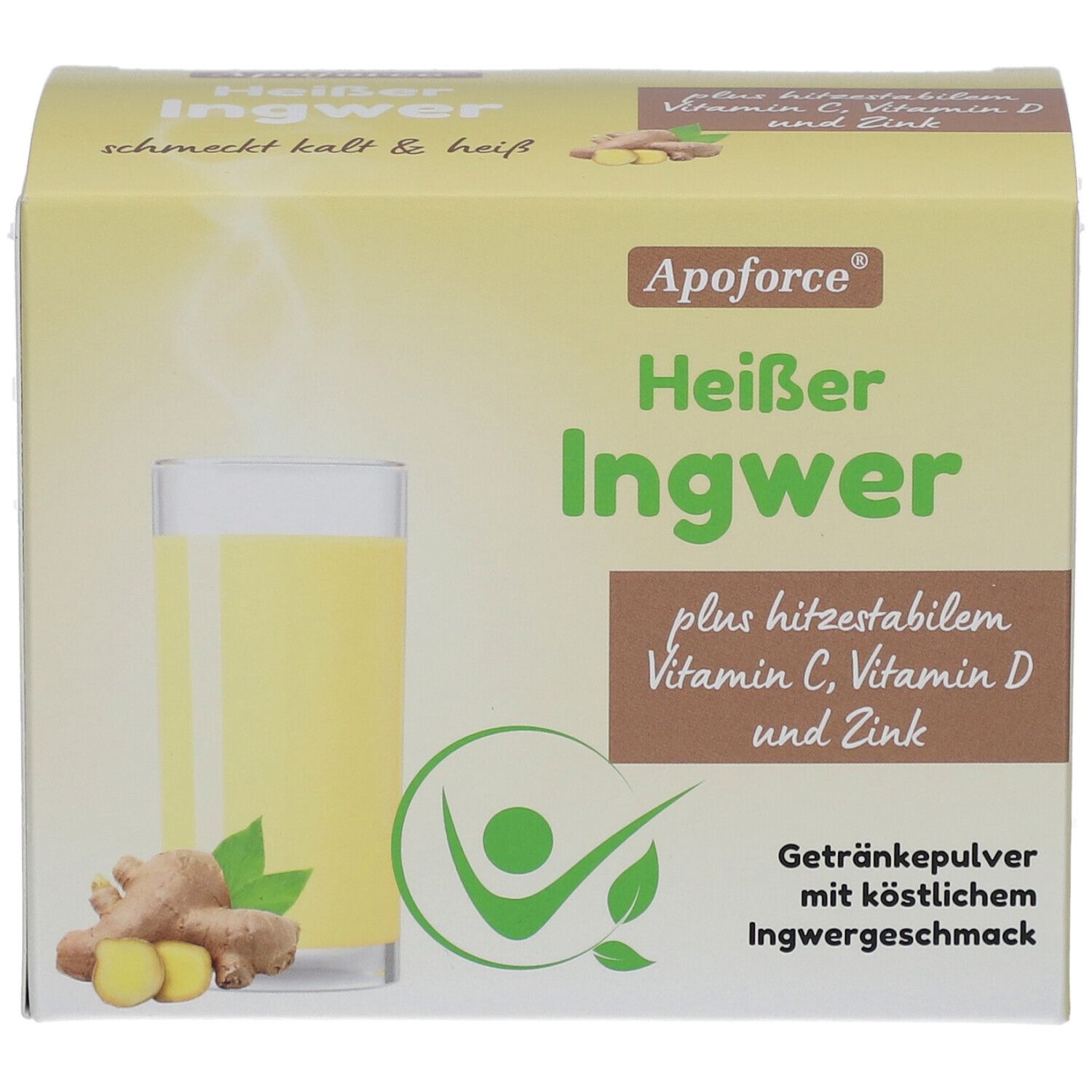Karton Apoforce Heißer Ingwer. Aufdruck: Ingwer-Getränkepulver mit Vitaminen. Abbildung: Glas mit Getränk, Ingwerwurzeln.