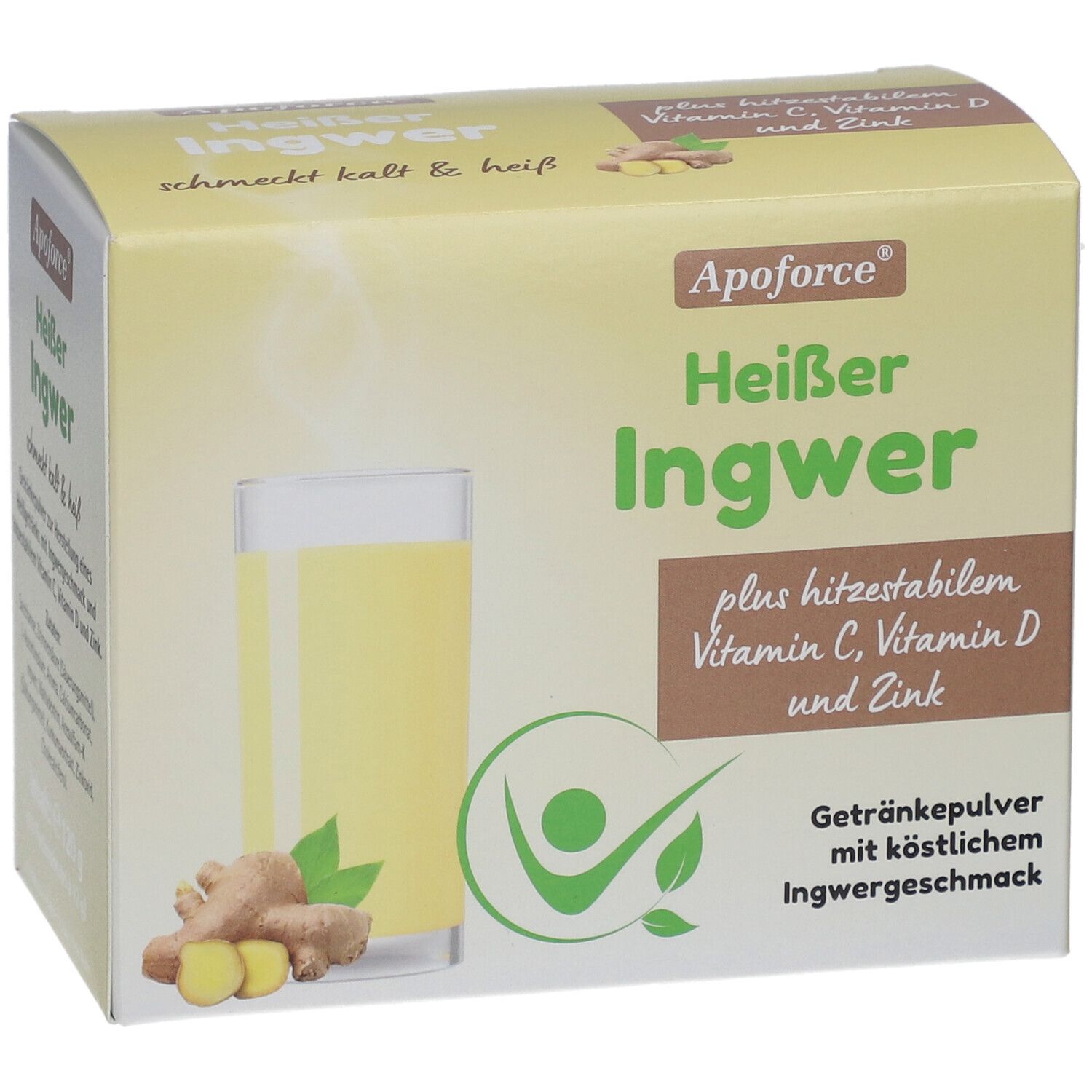Karton Apoforce Heißer Ingwer. Aufdruck: Ingwer-Getränkepulver mit Vitaminen. Abbildung: Glas mit Getränk, Ingwerwurzeln.