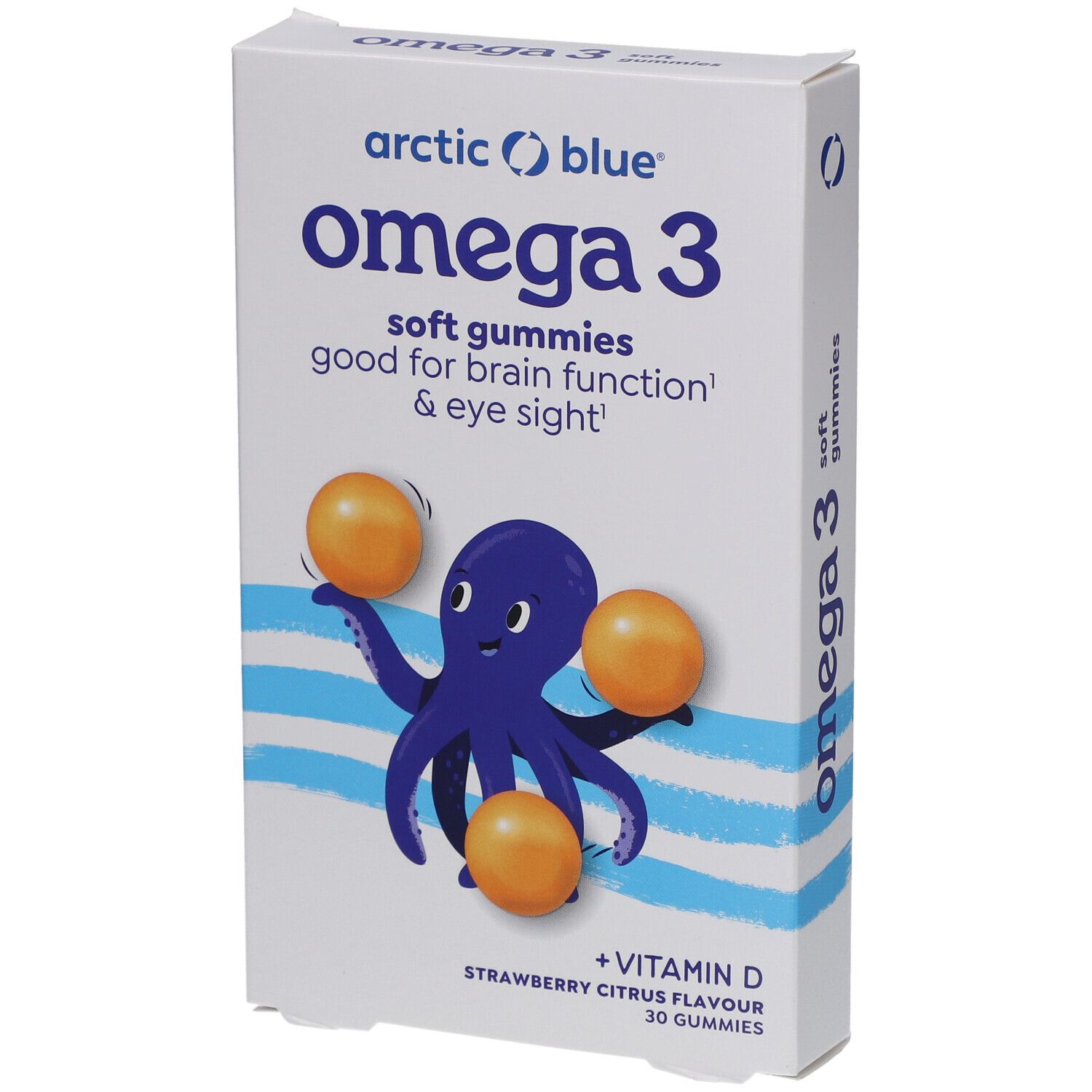 Verpackung mit Omega 3 Gummies. Abbildung eines blauen Oktopus mit drei orangefarbenen Gummies. Text: Omega 3, Vitamin D.