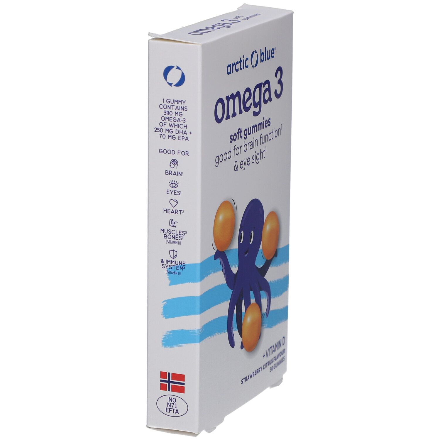 Weiße Verpackung mit Omega 3 Gummies. Aufdruck: Omega 3, Vitamin D. Abbildung eines blauen Oktopus mit Gummies.