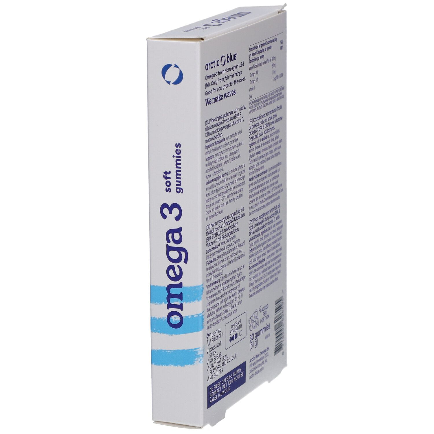 Verpackung mit Omega 3 Gummies. Text: Omega 3, soft gummies. Enthält Informationen zu Inhaltsstoffen und Nährwerten.