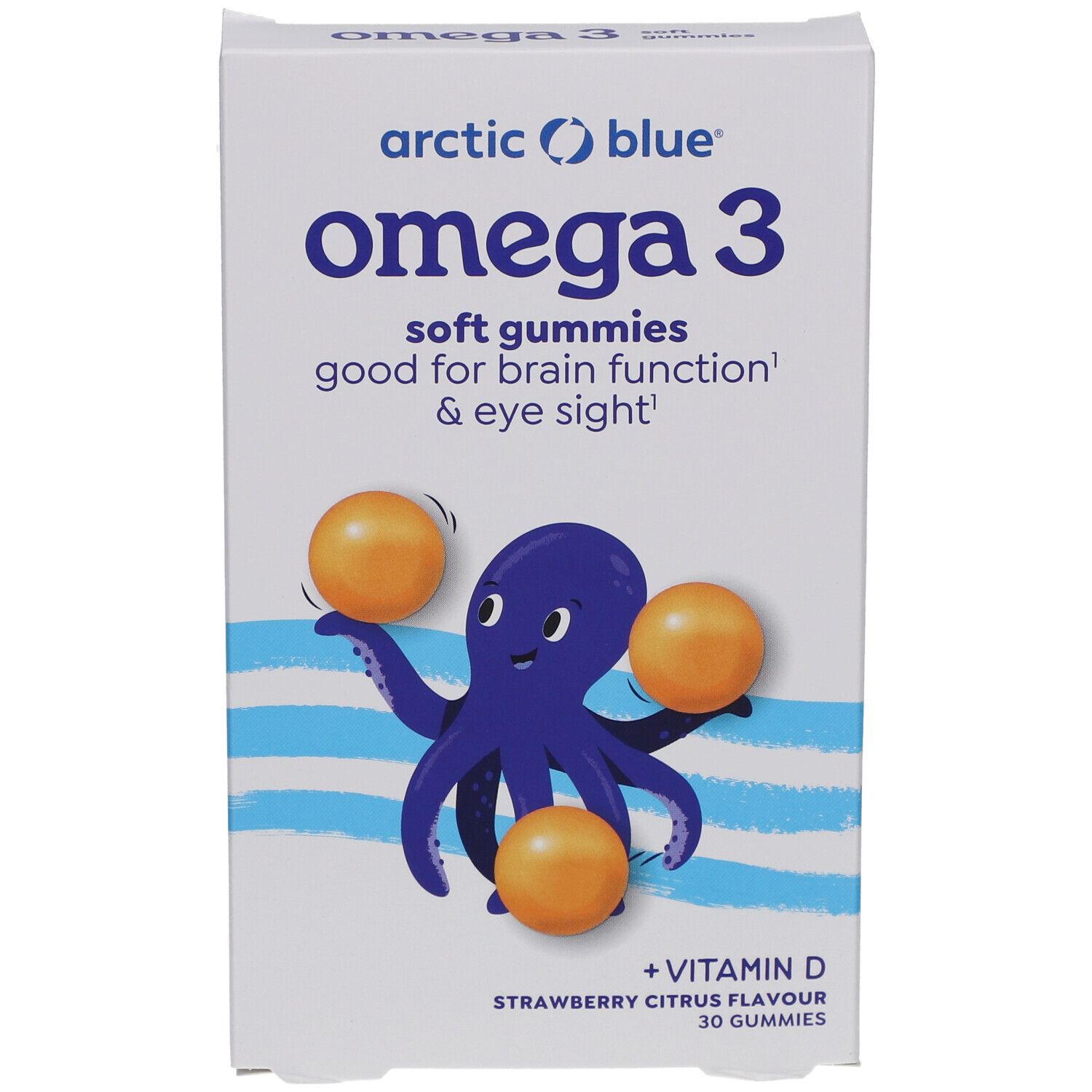 Verpackung mit Omega 3 Gummies. Abbildung eines blauen Oktopus mit drei orangefarbenen Gummies. Text: Omega 3, Vitamin D.