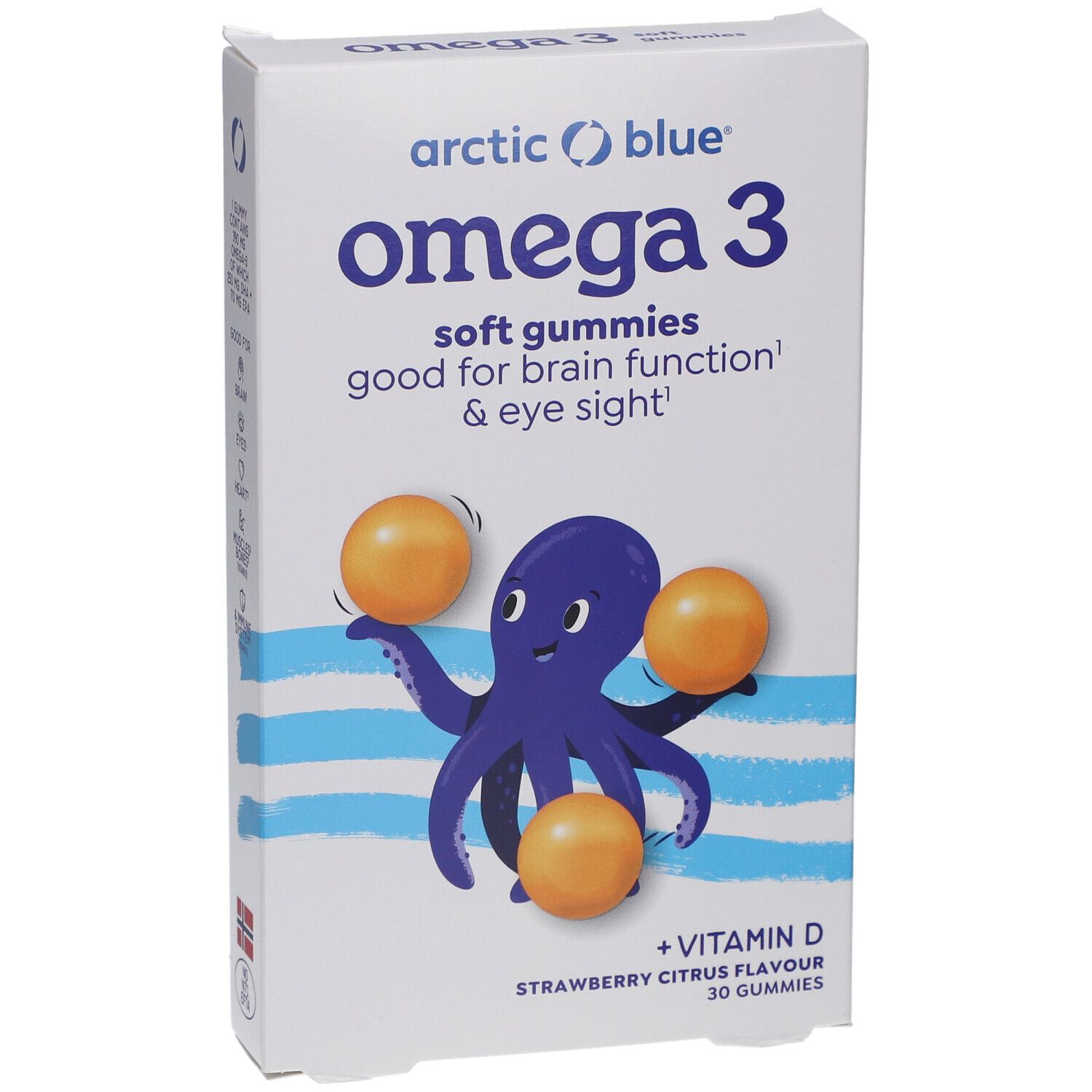 Verpackung mit Omega 3 Gummies. Abbildung eines blauen Oktopus mit drei orangefarbenen Gummies. Text: Omega 3, Vitamin D.