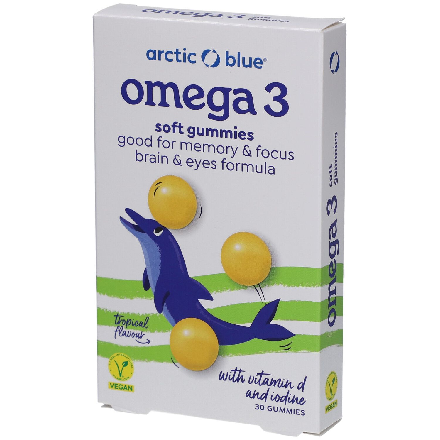 Verpackung mit Omega 3 Gummies. Marke: Arctic Blue. Mit Vitamin D und Jod. Enthält 30 Gummies. Vegan.