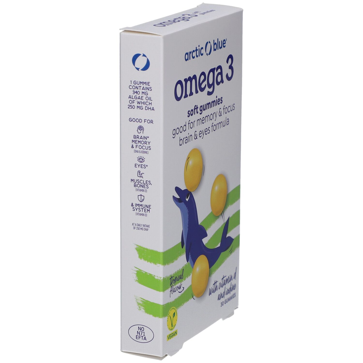 Seitenansicht der Verpackung mit Omega 3 Gummies. Marke: Arctic Blue. Mit Vitamin D und Jod. Vegan.