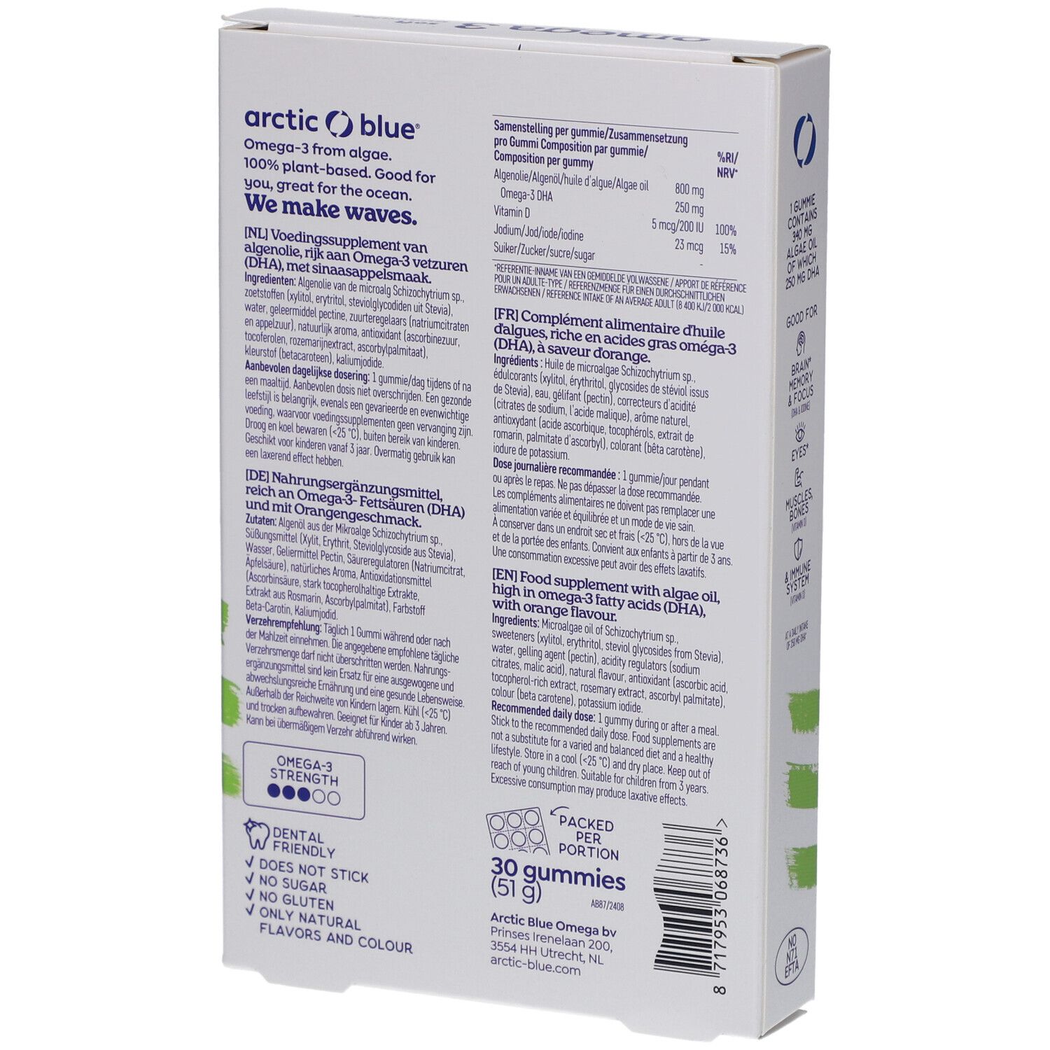 Rückseite der Verpackung mit Omega 3 Gummies. Marke: Arctic Blue. Enthält Informationen zu Inhaltsstoffen und Nährwerten.