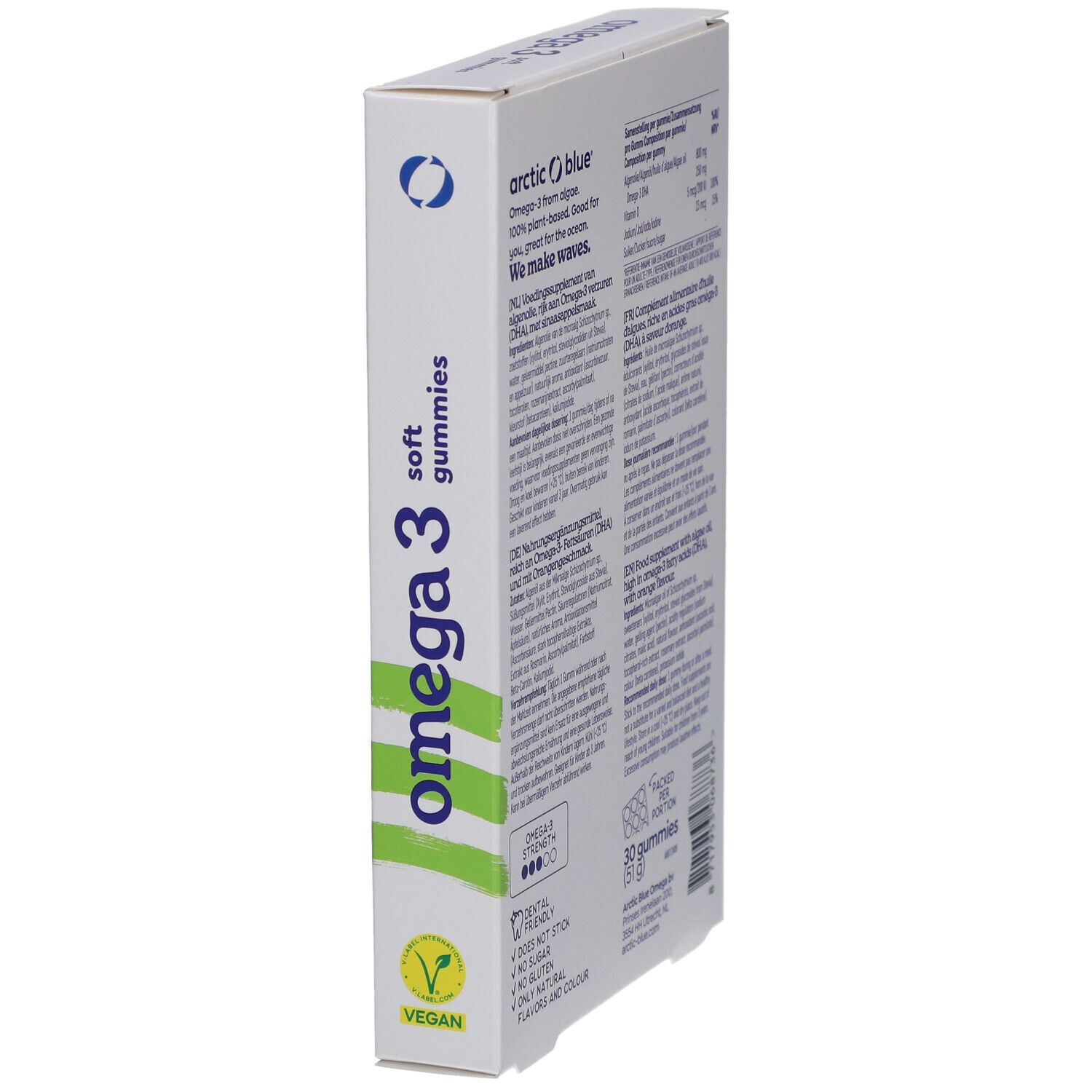 Seitenansicht der Verpackung mit Omega 3 Gummies. Marke: Arctic Blue. Mit Vitamin D und Jod. Vegan.