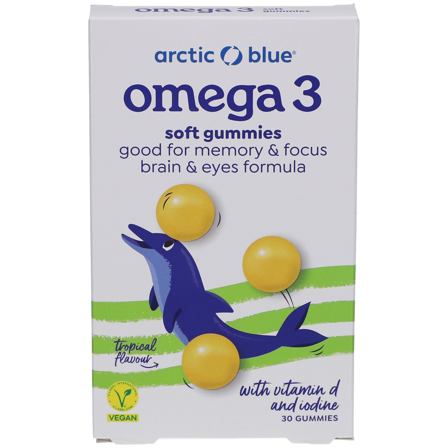 Verpackung mit Omega 3 Gummies. Marke: Arctic Blue. Mit Vitamin D und Jod. Enthält 30 Gummies. Vegan.