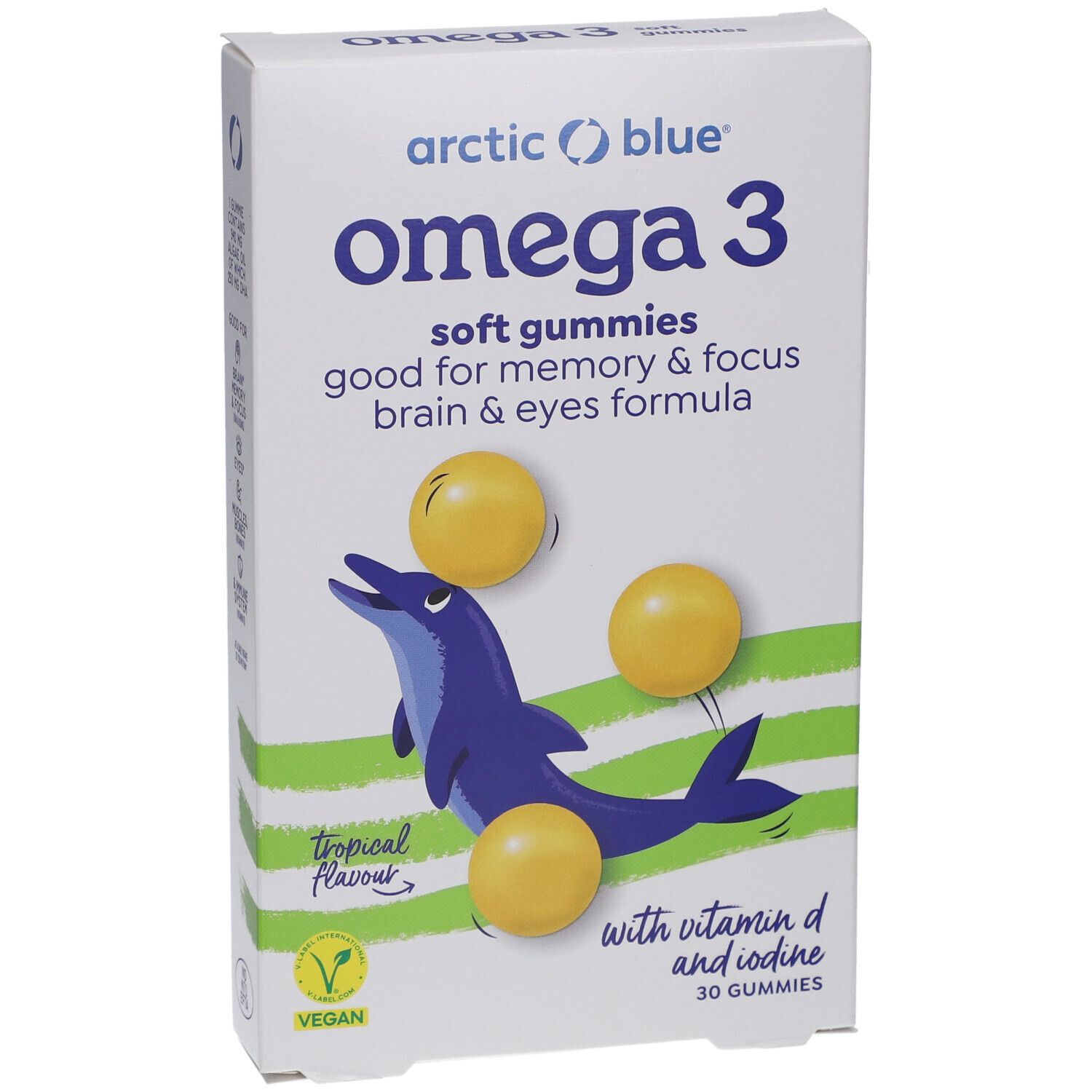 Verpackung mit Omega 3 Gummies. Marke: Arctic Blue. Mit Vitamin D und Jod. Enthält 30 Gummies. Vegan.